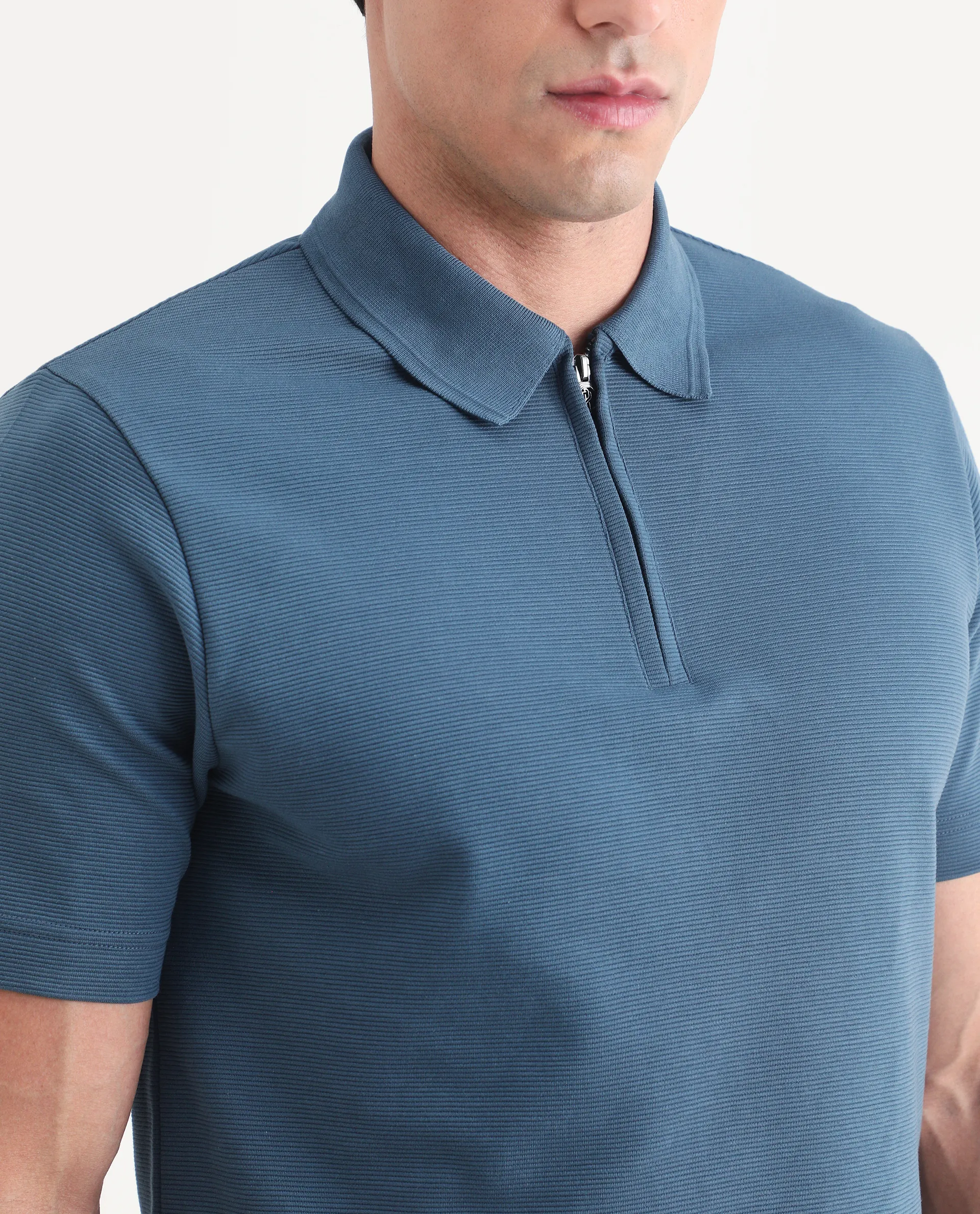 Rare Rabbit Men's Arp Dusky Teal Cotton Blend Fabric Half Sleeve Spread Collar Regular Fit Plain Polo - Image 3