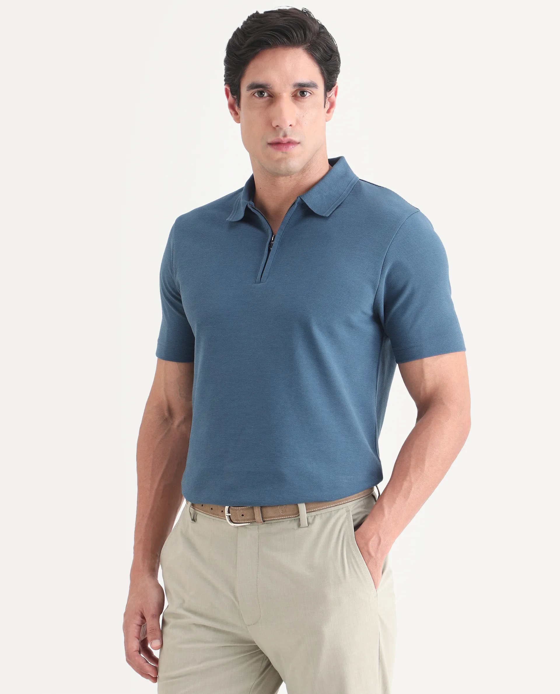 Rare Rabbit Men's Arp Dusky Teal Cotton Blend Fabric Half Sleeve Spread Collar Regular Fit Plain Polo - Image 4