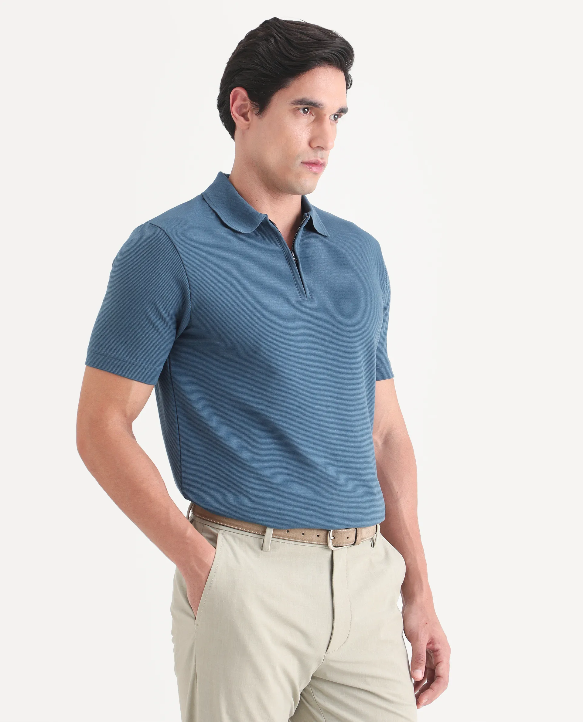 Rare Rabbit Men's Arp Dusky Teal Cotton Blend Fabric Half Sleeve Spread Collar Regular Fit Plain Polo - Image 5