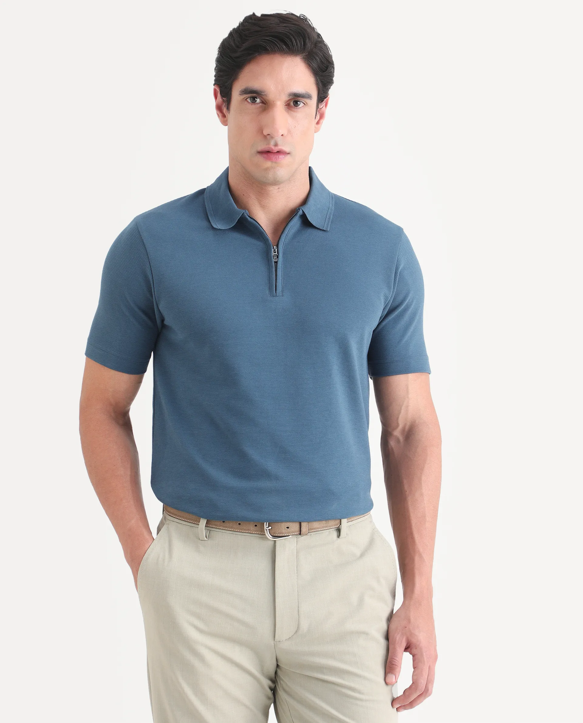 Rare Rabbit Men's Arp Dusky Teal Cotton Blend Fabric Half Sleeve Spread Collar Regular Fit Plain Polo - Image 6