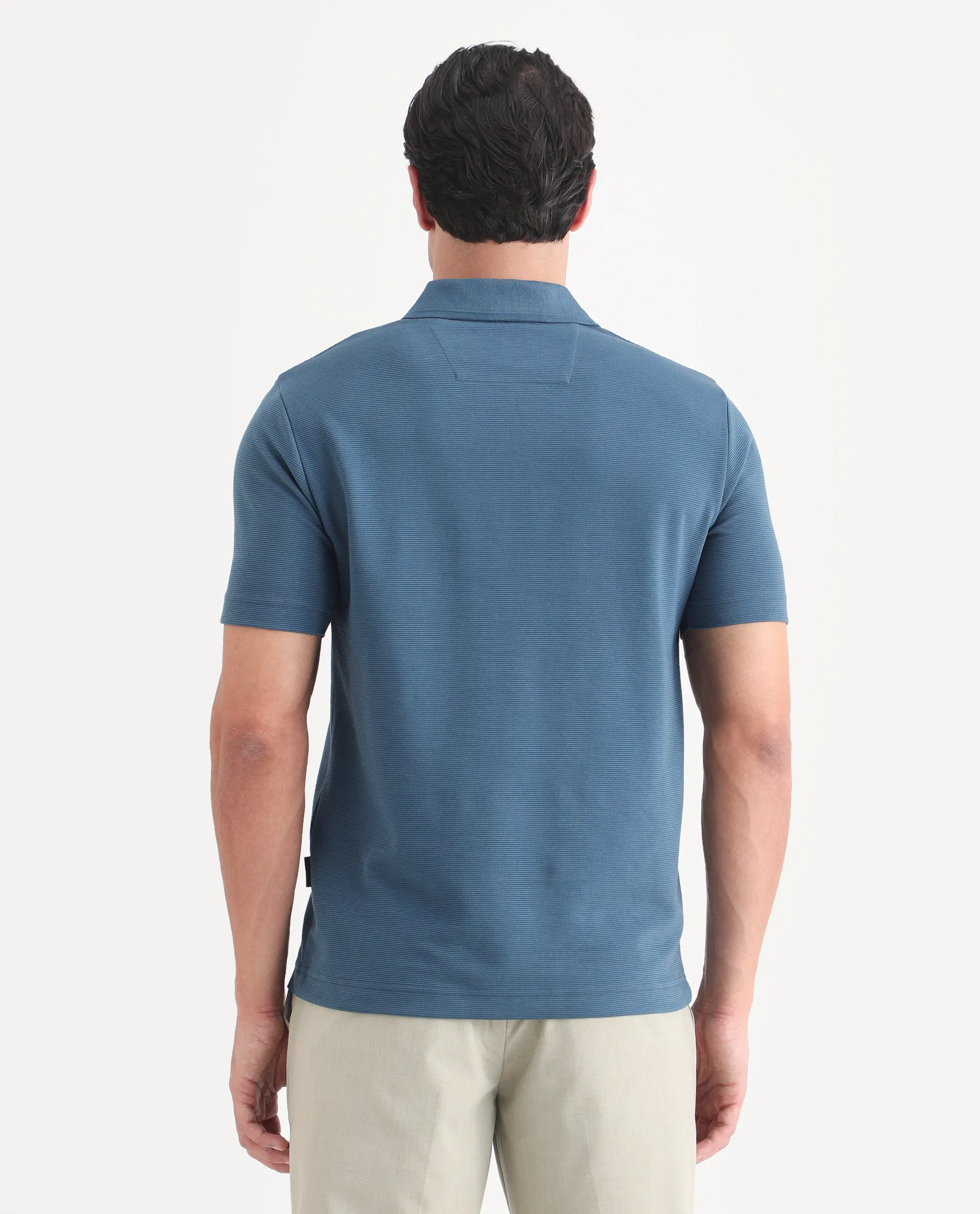 Rare Rabbit Men's Arp Dusky Teal Cotton Blend Fabric Half Sleeve Spread Collar Regular Fit Plain Polo - Image 7