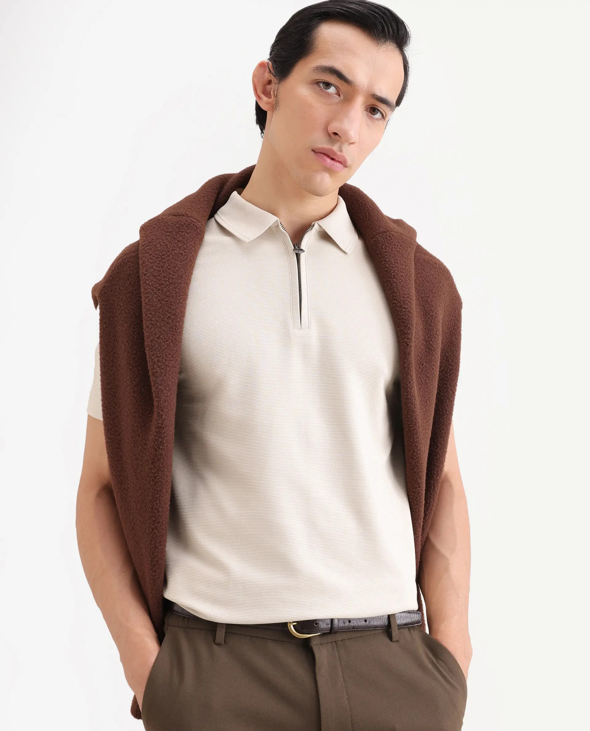 Rare Rabbit Men's Arp Light Beige Cotton Blend Fabric Half Sleeve Spread Collar Regular Fit Plain Polo