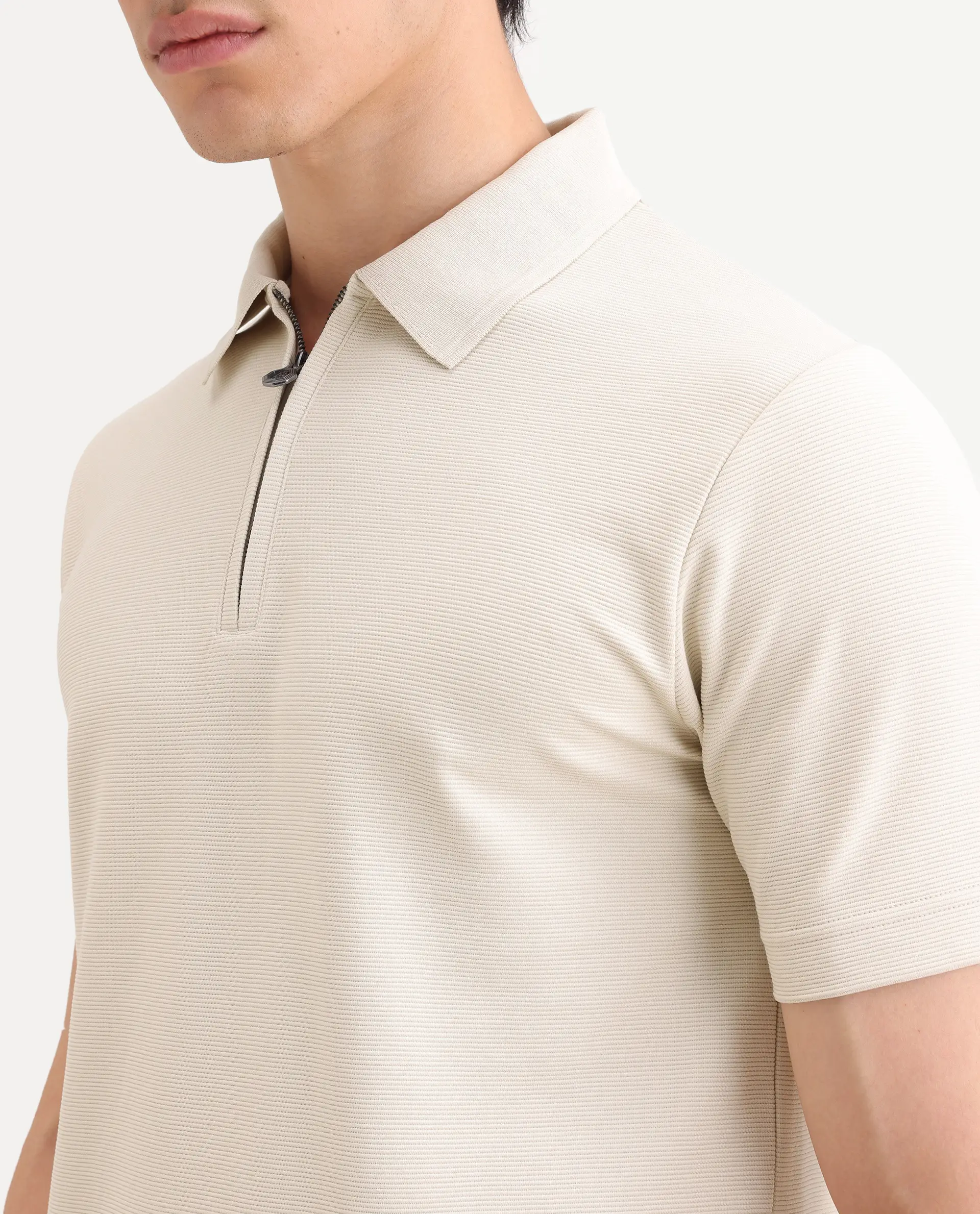 Rare Rabbit Men's Arp Light Beige Cotton Blend Fabric Half Sleeve Spread Collar Regular Fit Plain Polo - Image 3