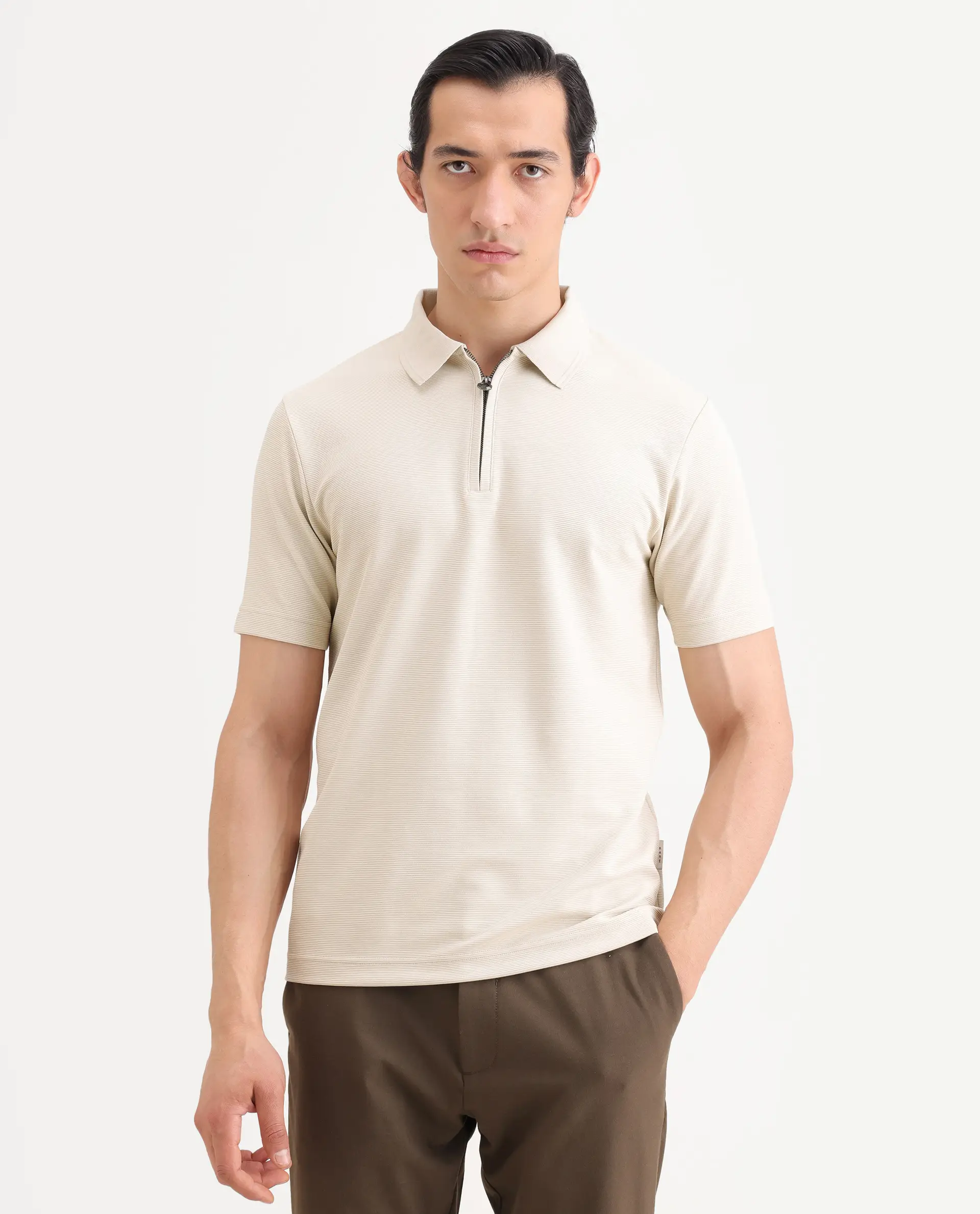 Rare Rabbit Men's Arp Light Beige Cotton Blend Fabric Half Sleeve Spread Collar Regular Fit Plain Polo - Image 4