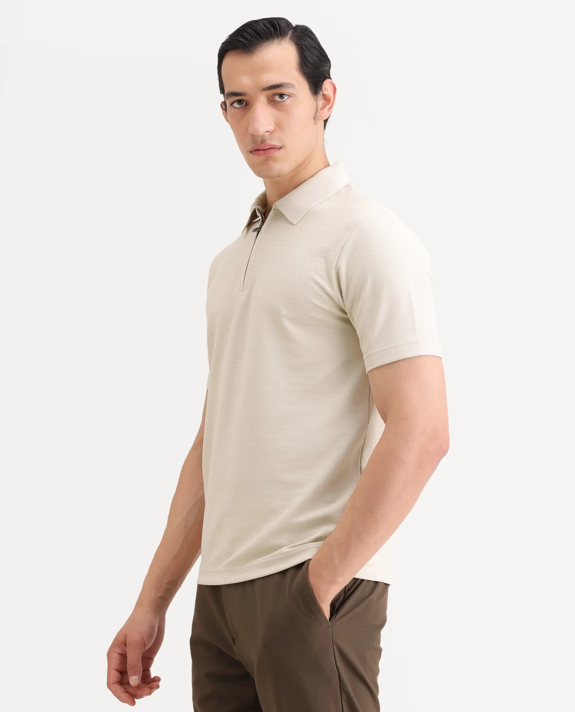 Rare Rabbit Men's Arp Light Beige Cotton Blend Fabric Half Sleeve Spread Collar Regular Fit Plain Polo - Image 5