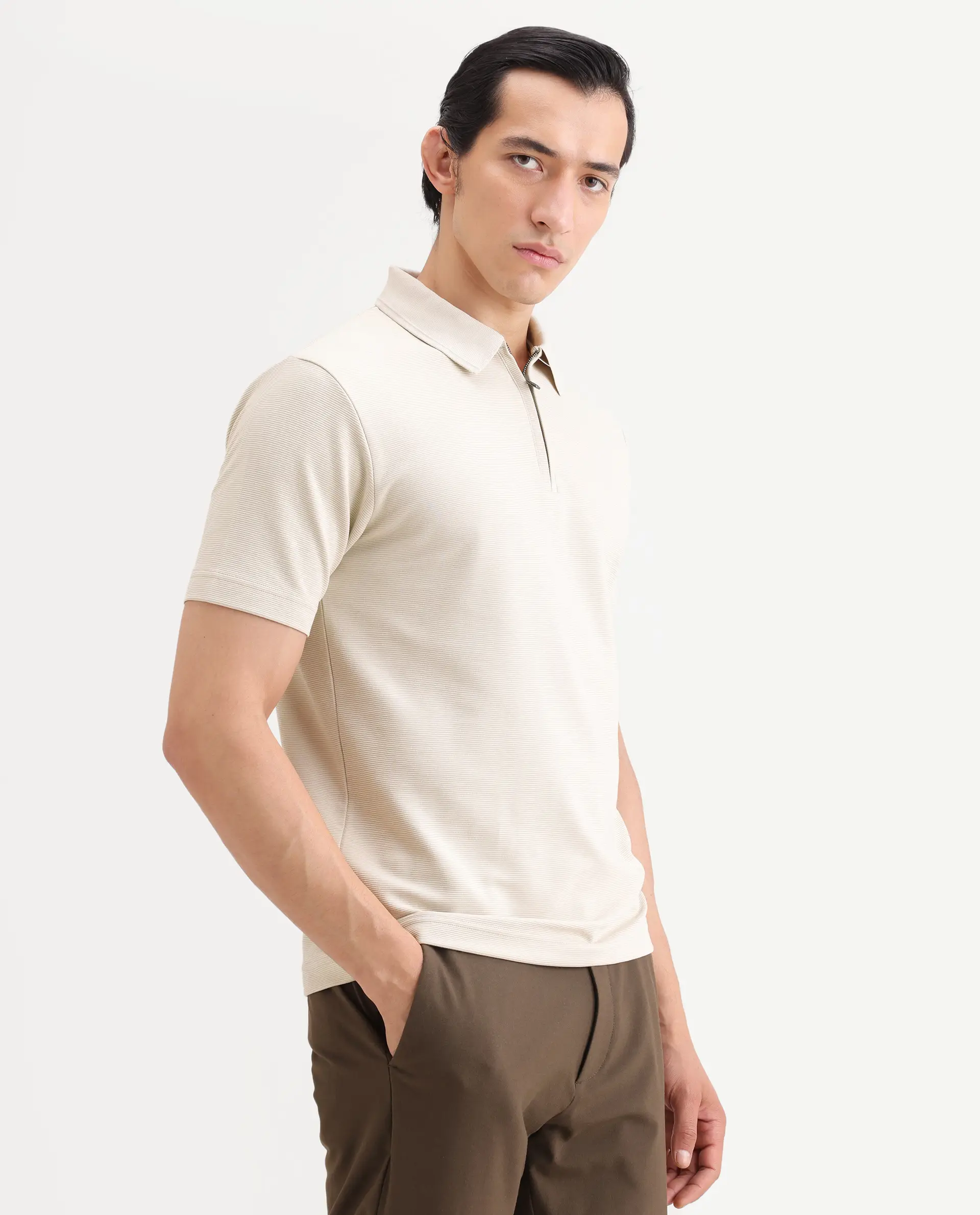 Rare Rabbit Men's Arp Light Beige Cotton Blend Fabric Half Sleeve Spread Collar Regular Fit Plain Polo - Image 6