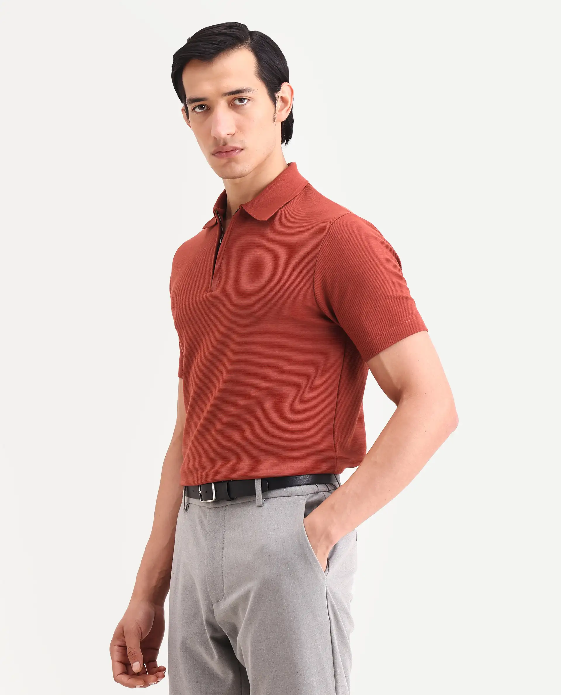 Rare Rabbit Men's Arp Rust Cotton Blend Fabric Half Sleeve Spread Collar Regular Fit Plain Polo - Image 4