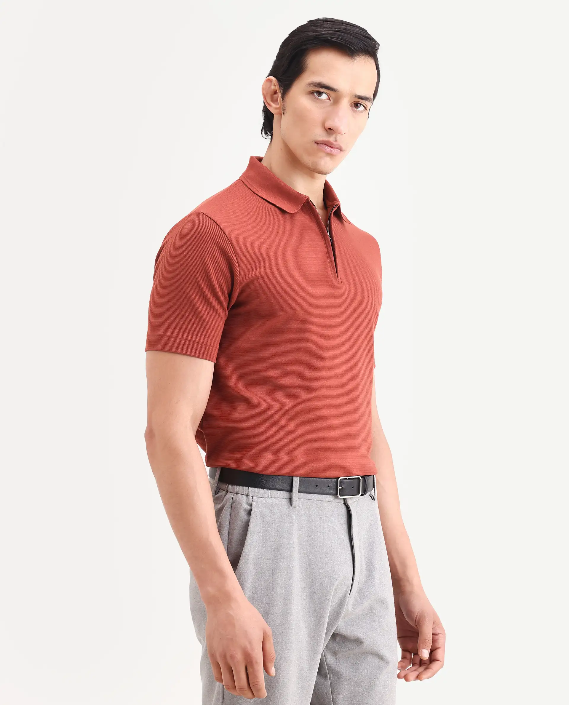 Rare Rabbit Men's Arp Rust Cotton Blend Fabric Half Sleeve Spread Collar Regular Fit Plain Polo - Image 5