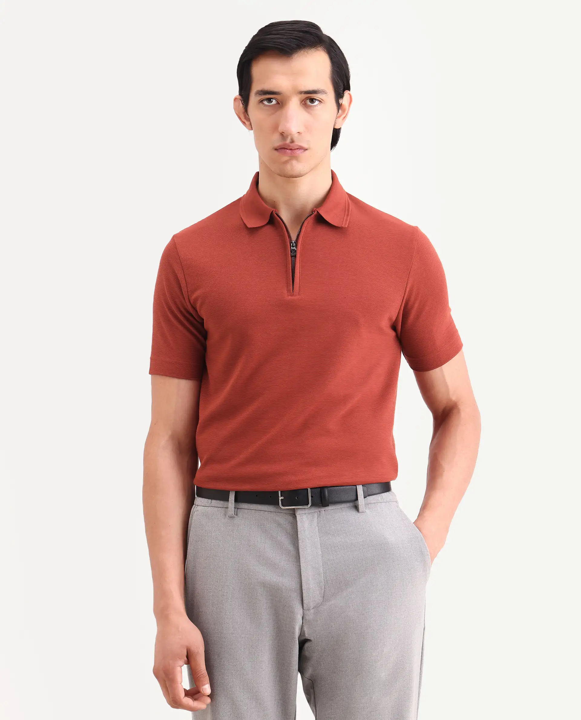 Rare Rabbit Men's Arp Rust Cotton Blend Fabric Half Sleeve Spread Collar Regular Fit Plain Polo - Image 6