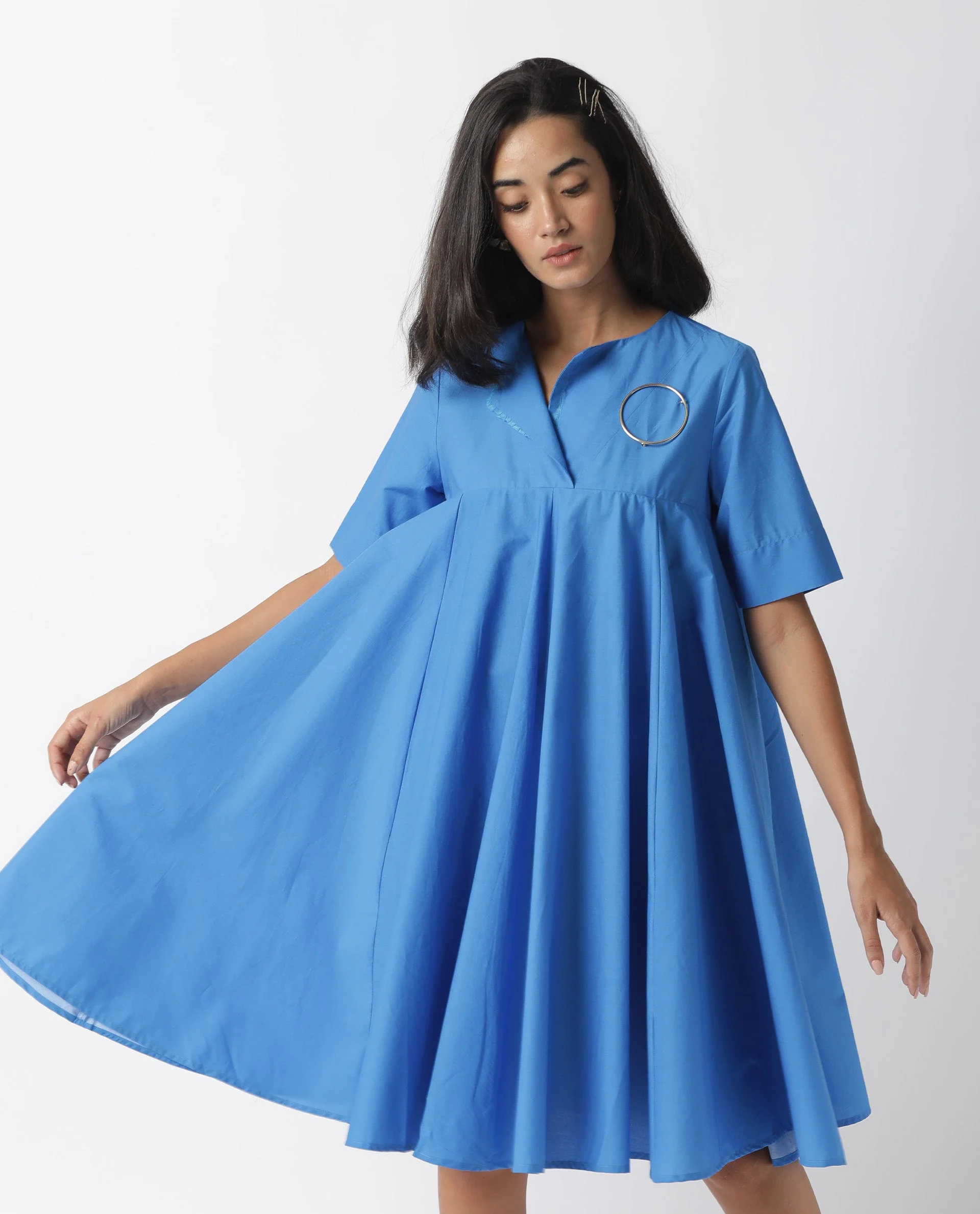 Rareism Women's Array Blue Cotton Lapel Neck Plain Knee Length Relaxed Fit Dress - Image 2