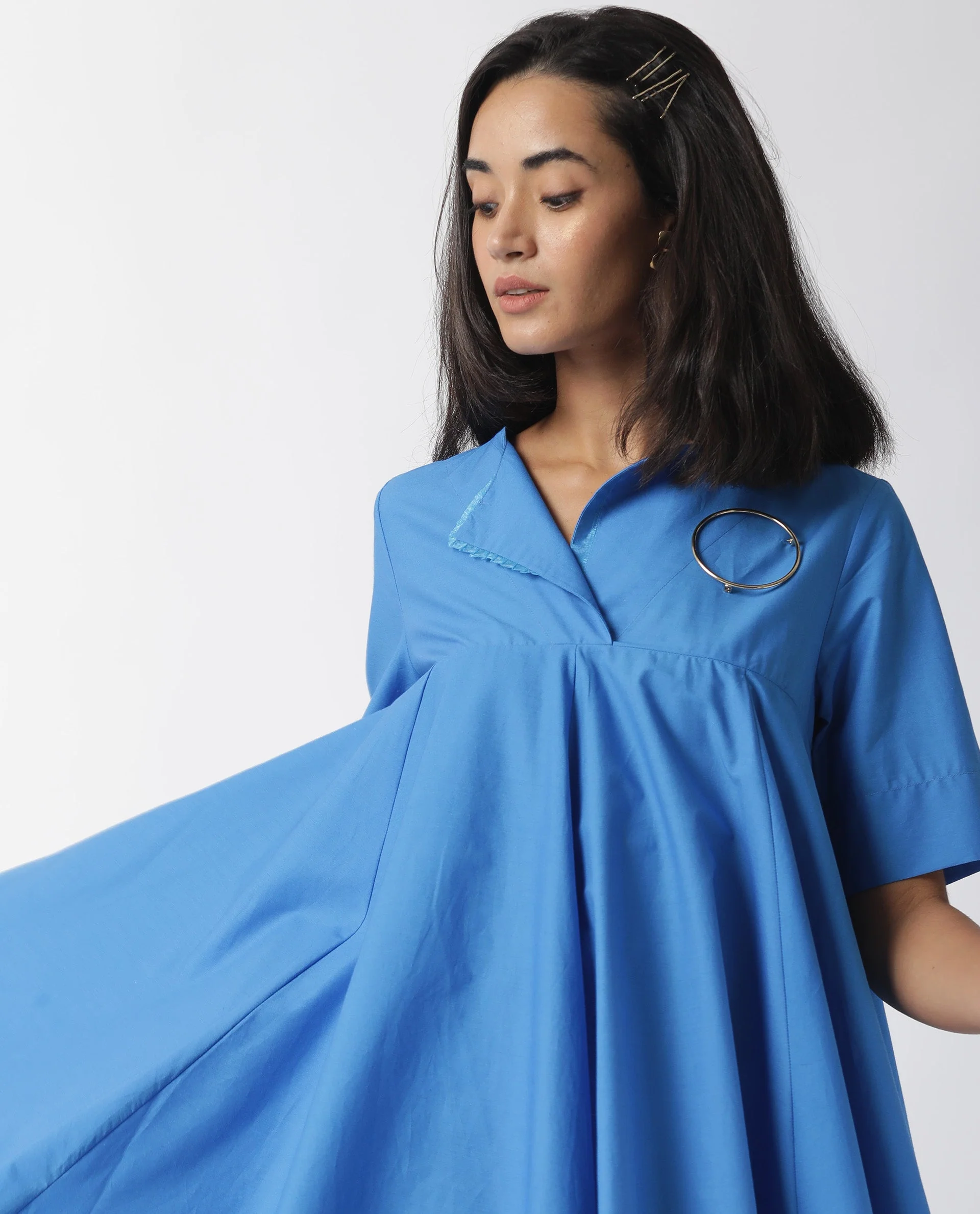 Rareism Women's Array Blue Cotton Lapel Neck Plain Knee Length Relaxed Fit Dress - Image 3