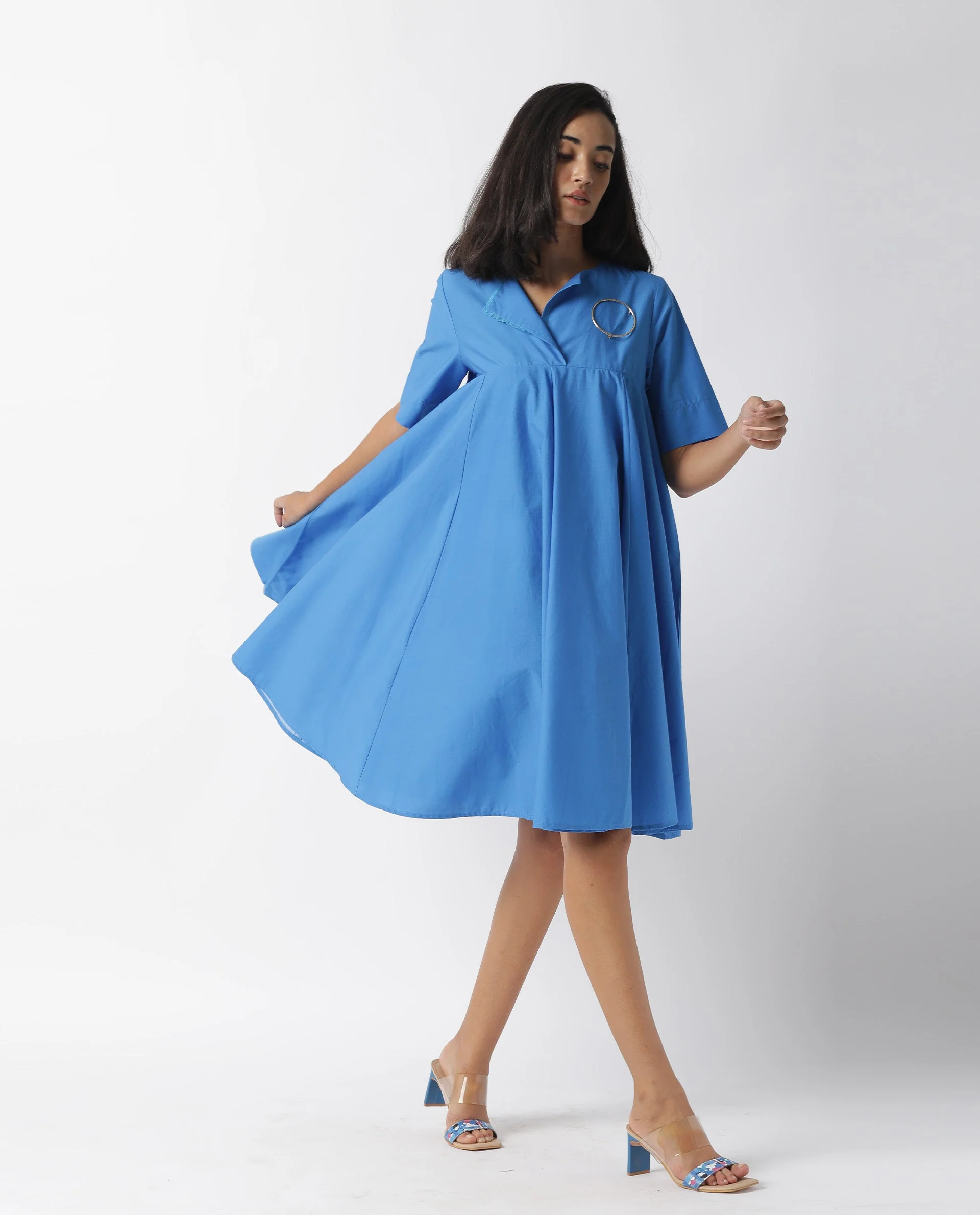 Rareism Women's Array Blue Cotton Lapel Neck Plain Knee Length Relaxed Fit Dress - Image 5