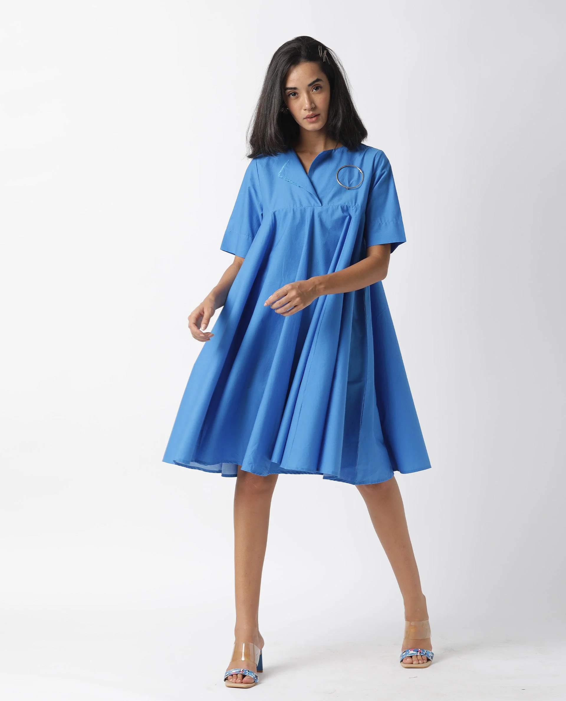 Rareism Women's Array Blue Cotton Lapel Neck Plain Knee Length Relaxed Fit Dress - Image 6