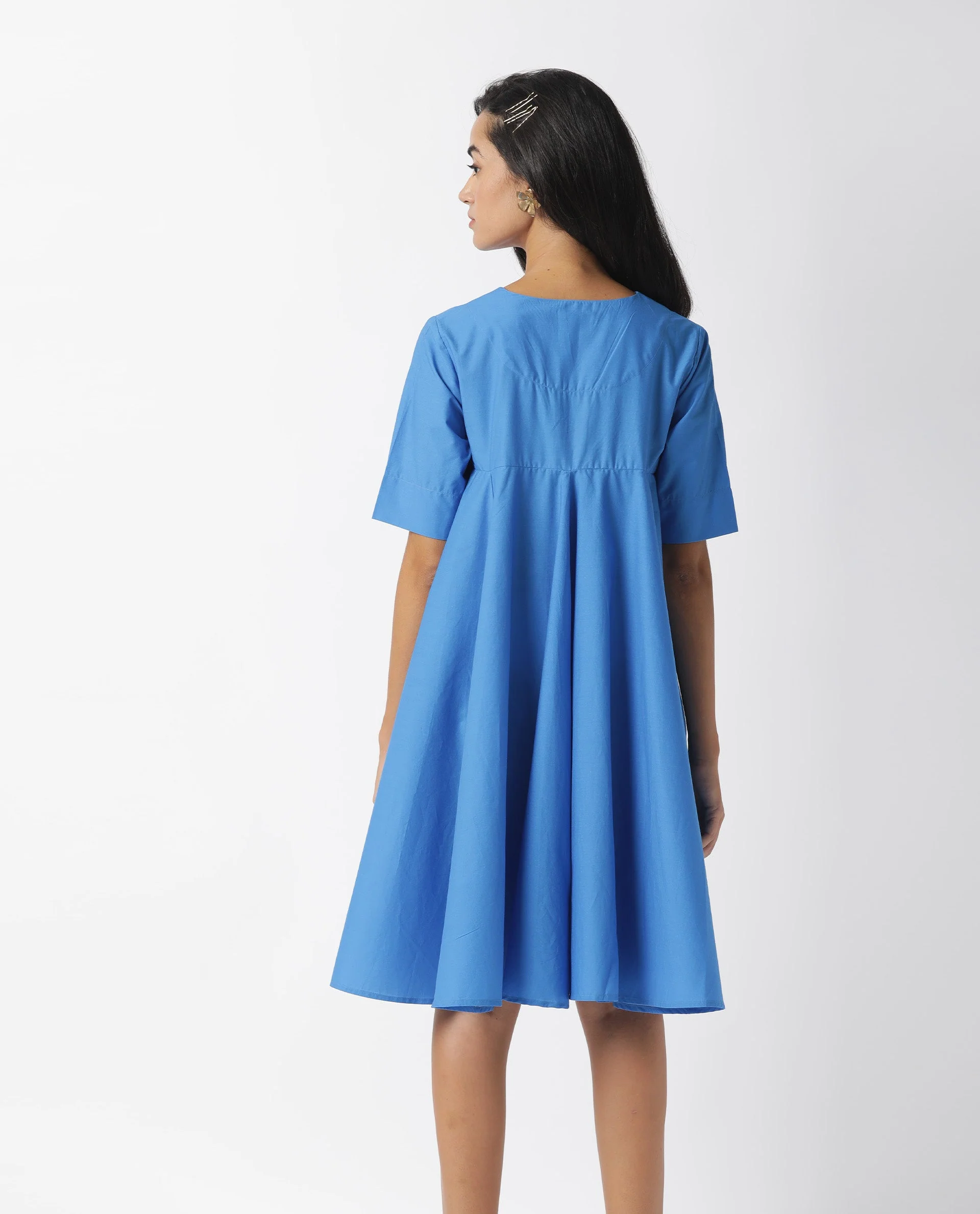 Rareism Women's Array Blue Cotton Lapel Neck Plain Knee Length Relaxed Fit Dress - Image 7