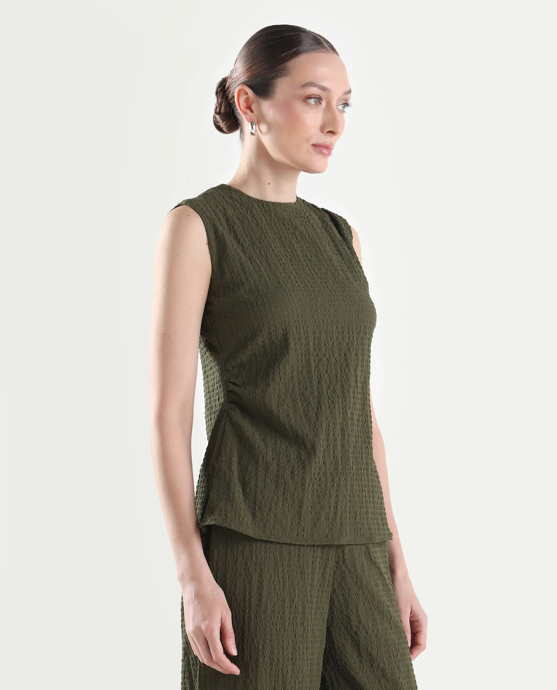 Rareism Women's Arrix-T Olive Polyester Sleeveless Regular Fit Plain Top - Image 6