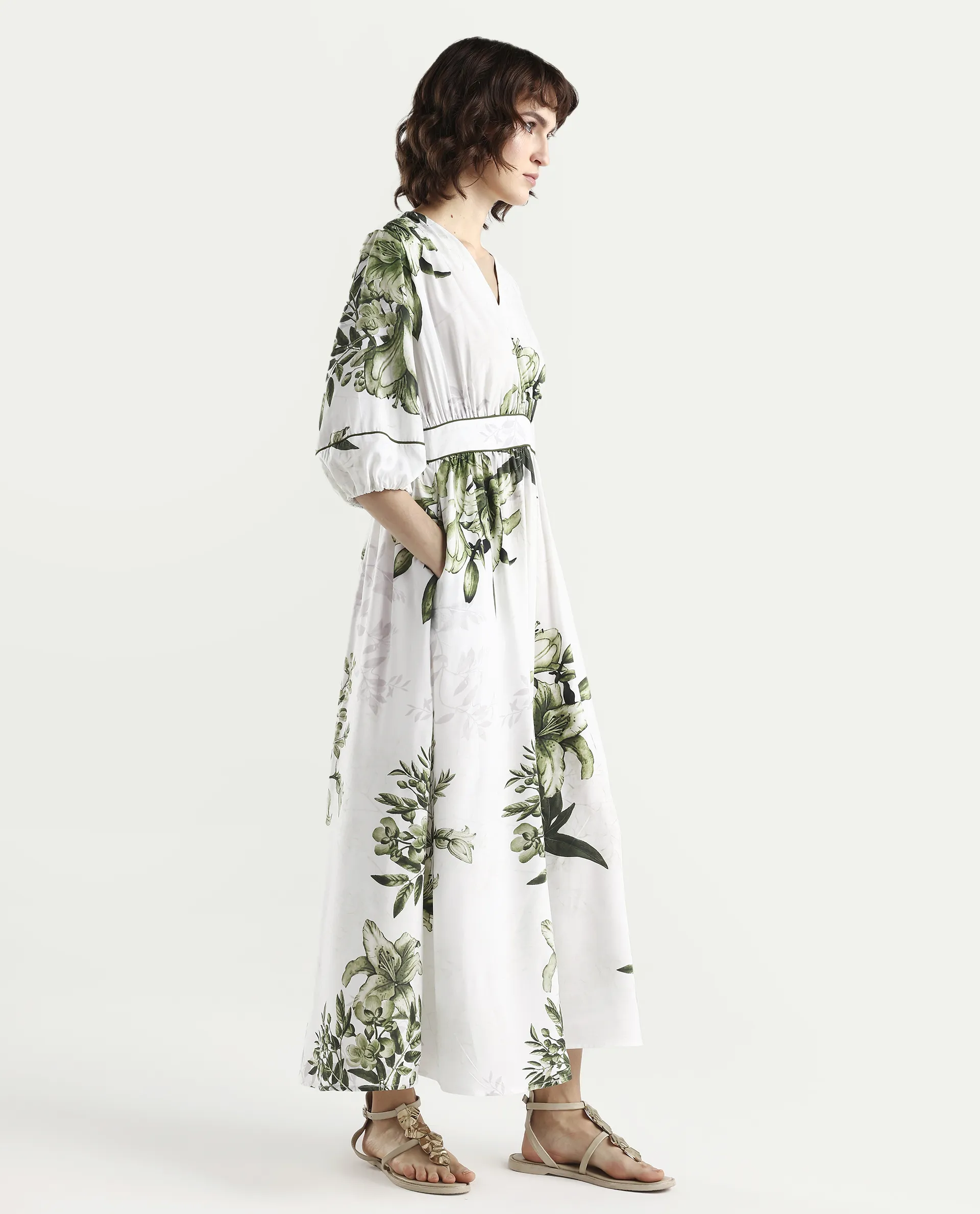 Rareism Women's Arsyn Off White Viscose Half Sleeve V-Neck Fit And Flare Floral Print Dress - Image 6