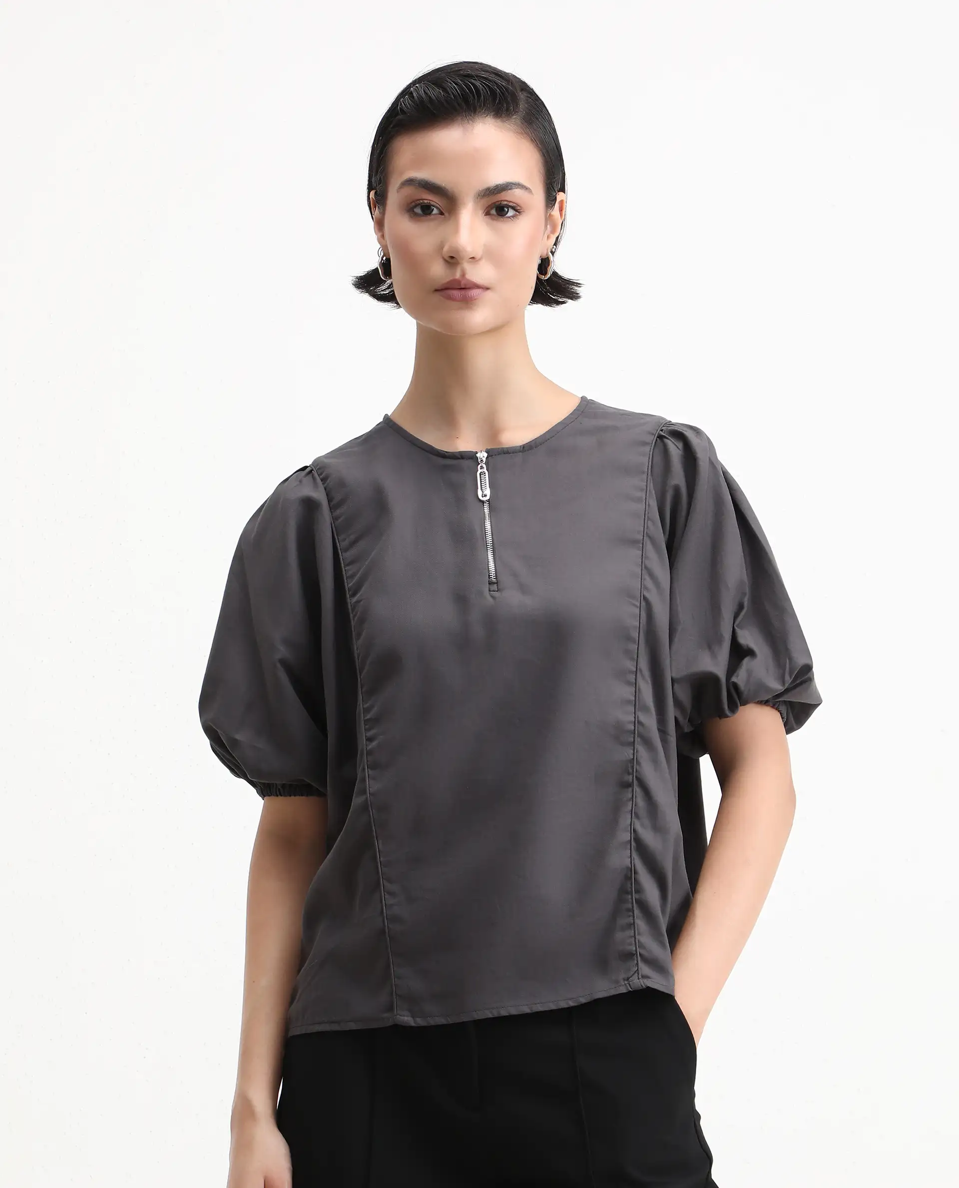 Rareism Women's Artemis Grey Cotton Blend Crew Neck Plain Kimono Sleeve Regular Fit Top - Image 2