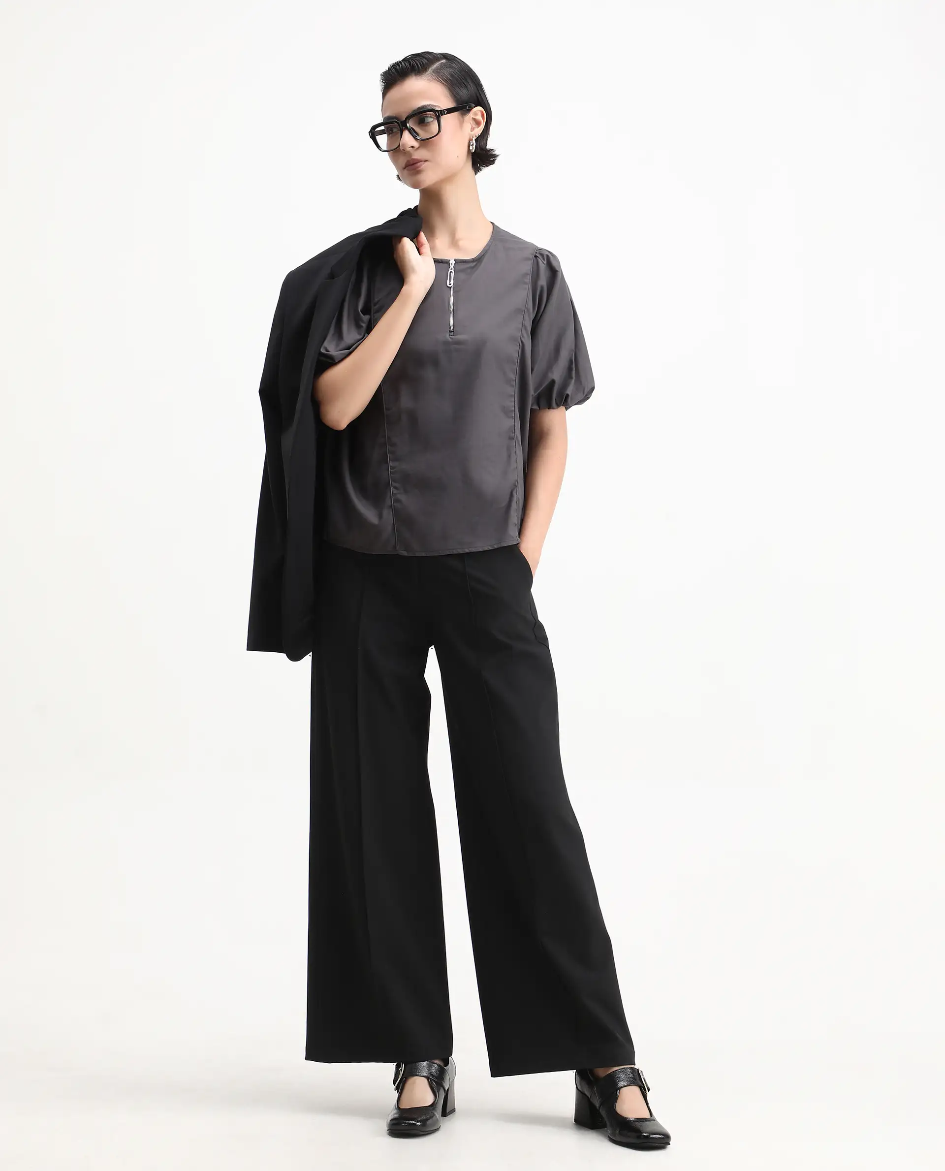 Rareism Women's Artemis Grey Cotton Blend Crew Neck Plain Kimono Sleeve Regular Fit Top - Image 3