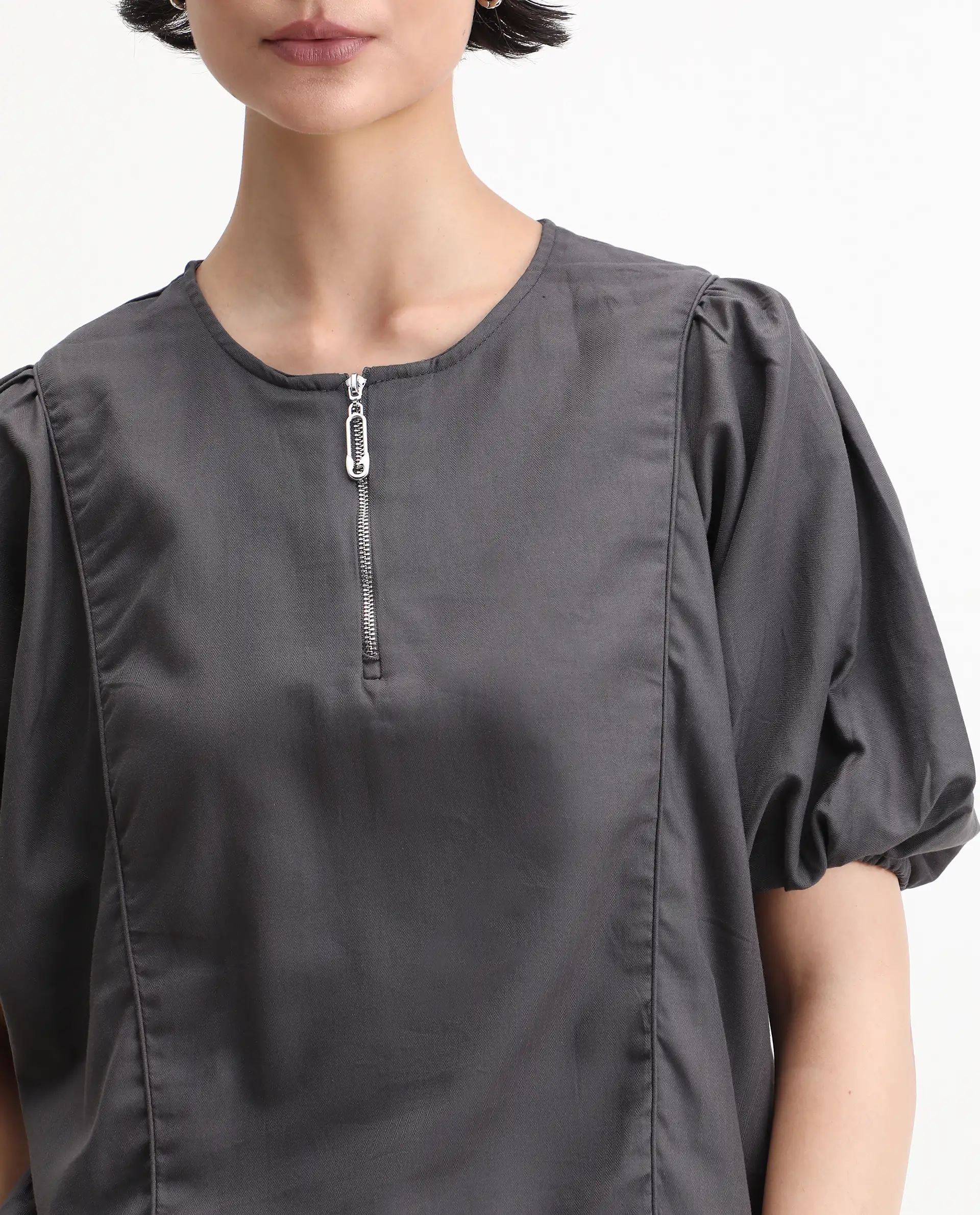 Rareism Women's Artemis Grey Cotton Blend Crew Neck Plain Kimono Sleeve Regular Fit Top - Image 4