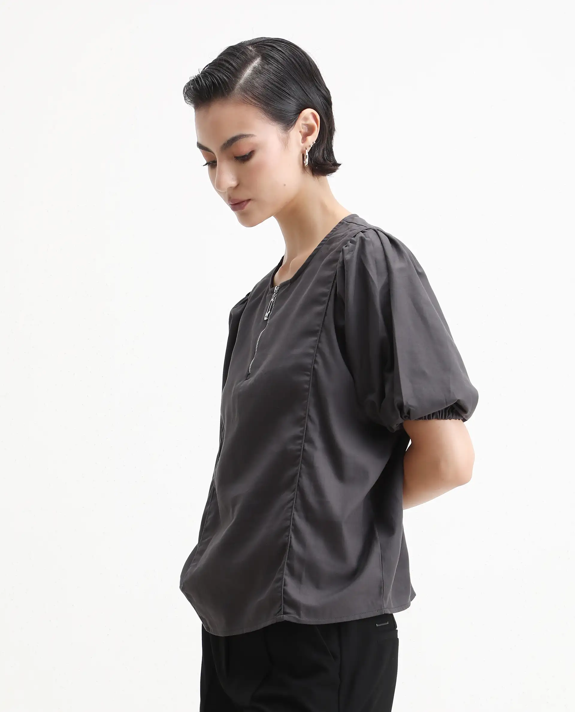 Rareism Women's Artemis Grey Cotton Blend Crew Neck Plain Kimono Sleeve Regular Fit Top - Image 5