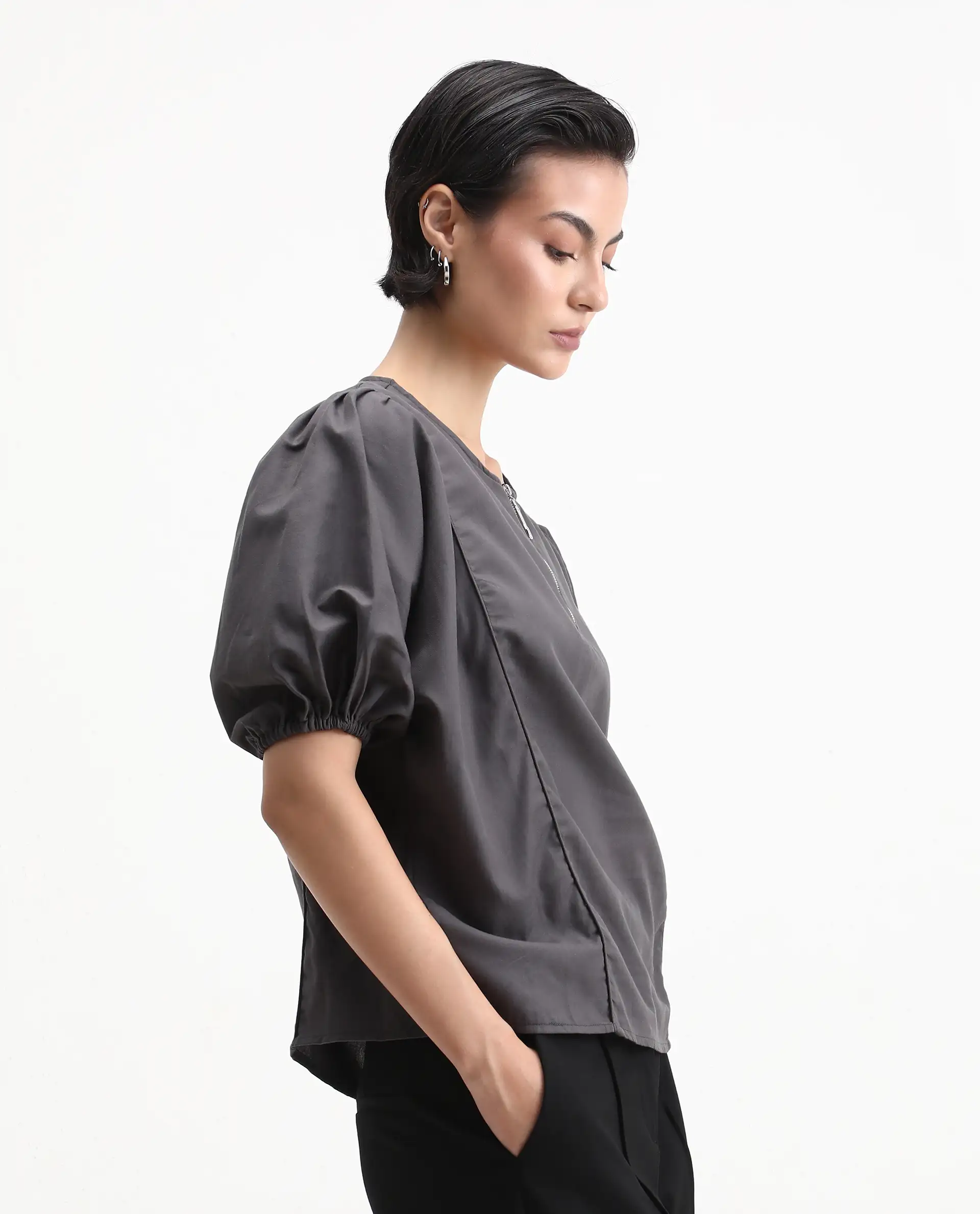 Rareism Women's Artemis Grey Cotton Blend Crew Neck Plain Kimono Sleeve Regular Fit Top - Image 6