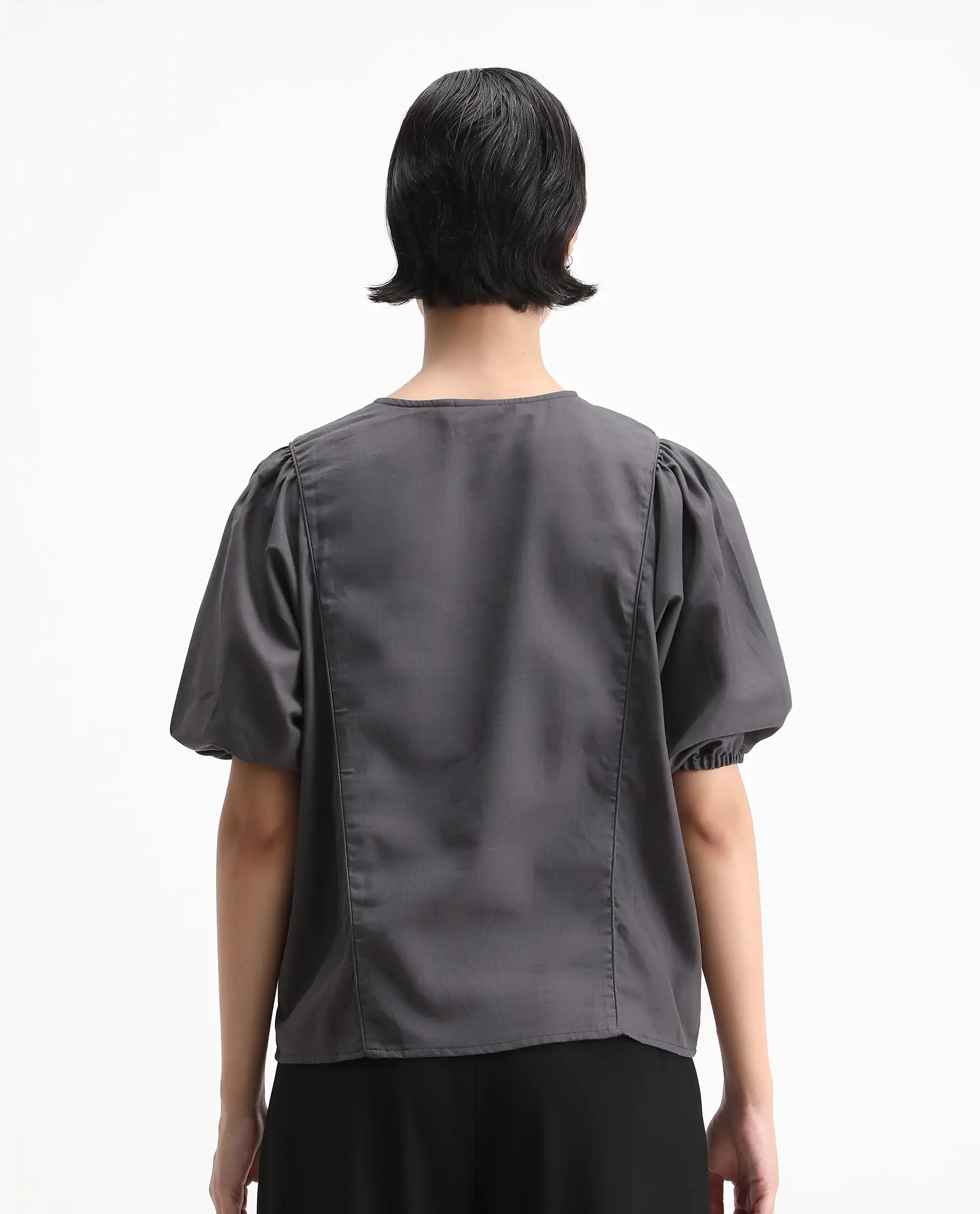 Rareism Women's Artemis Grey Cotton Blend Crew Neck Plain Kimono Sleeve Regular Fit Top - Image 7