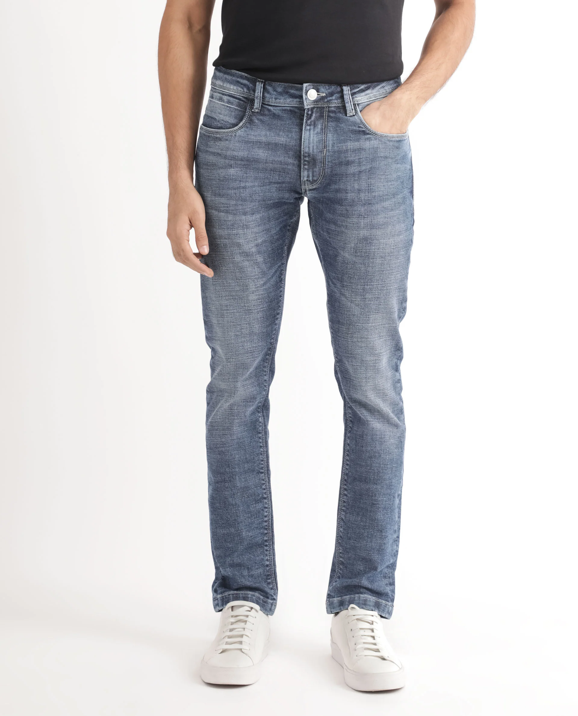 Rare Rabbit Men's Arten Blue Cotton Plain Hawk Slim Fit Jeans