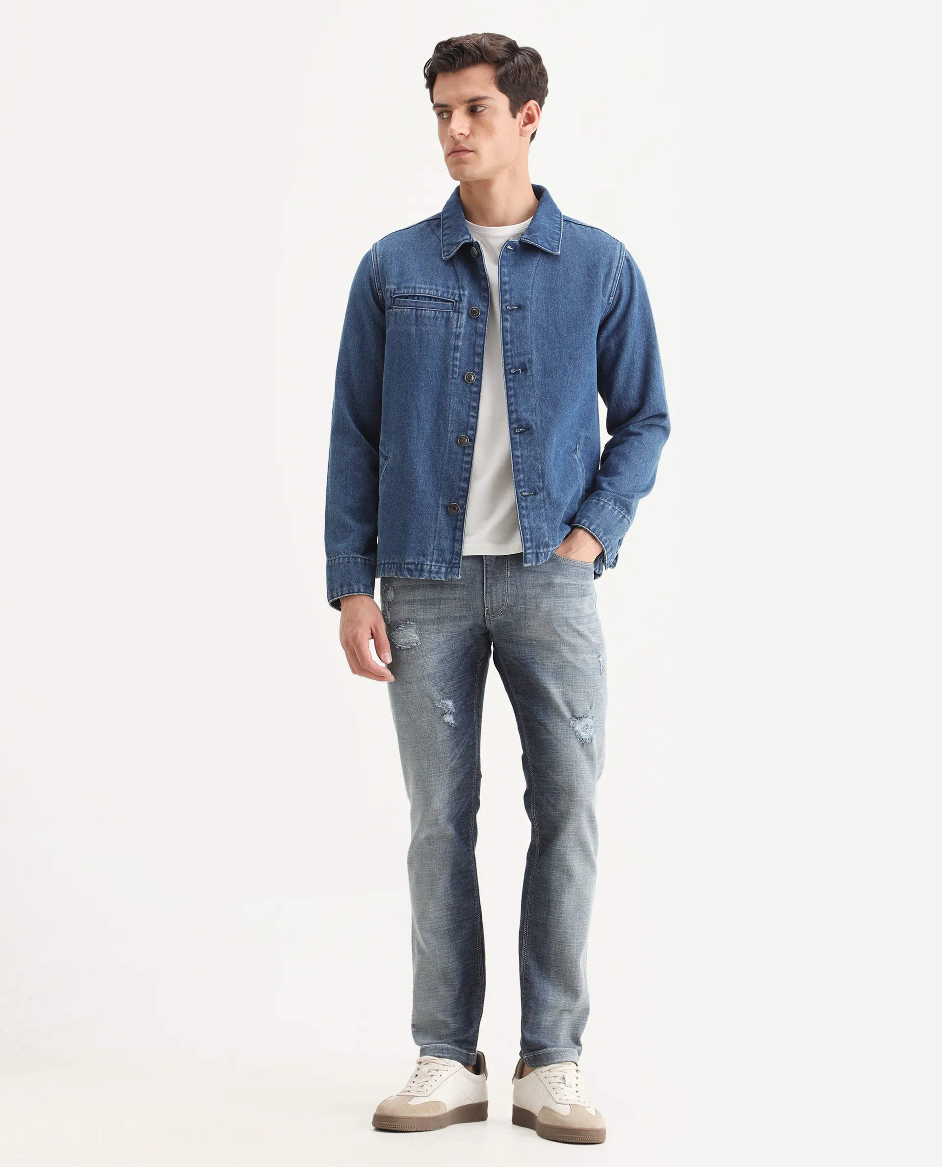 Rare Rabbit Men's Arten Light Blue Cotton Plain Hawk Slim Fit Jeans