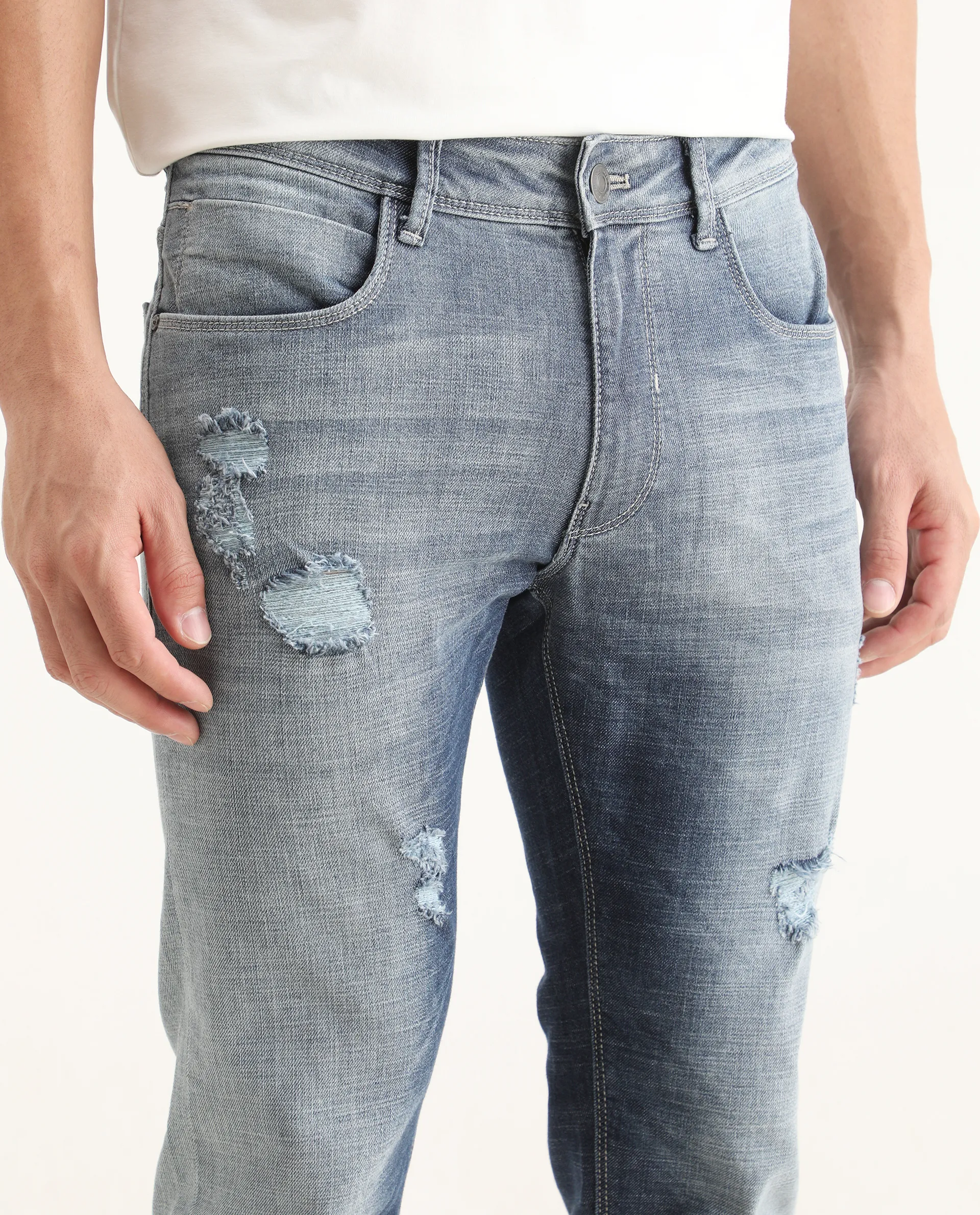 Rare Rabbit Men's Arten Light Blue Cotton Plain Hawk Slim Fit Jeans - Image 3