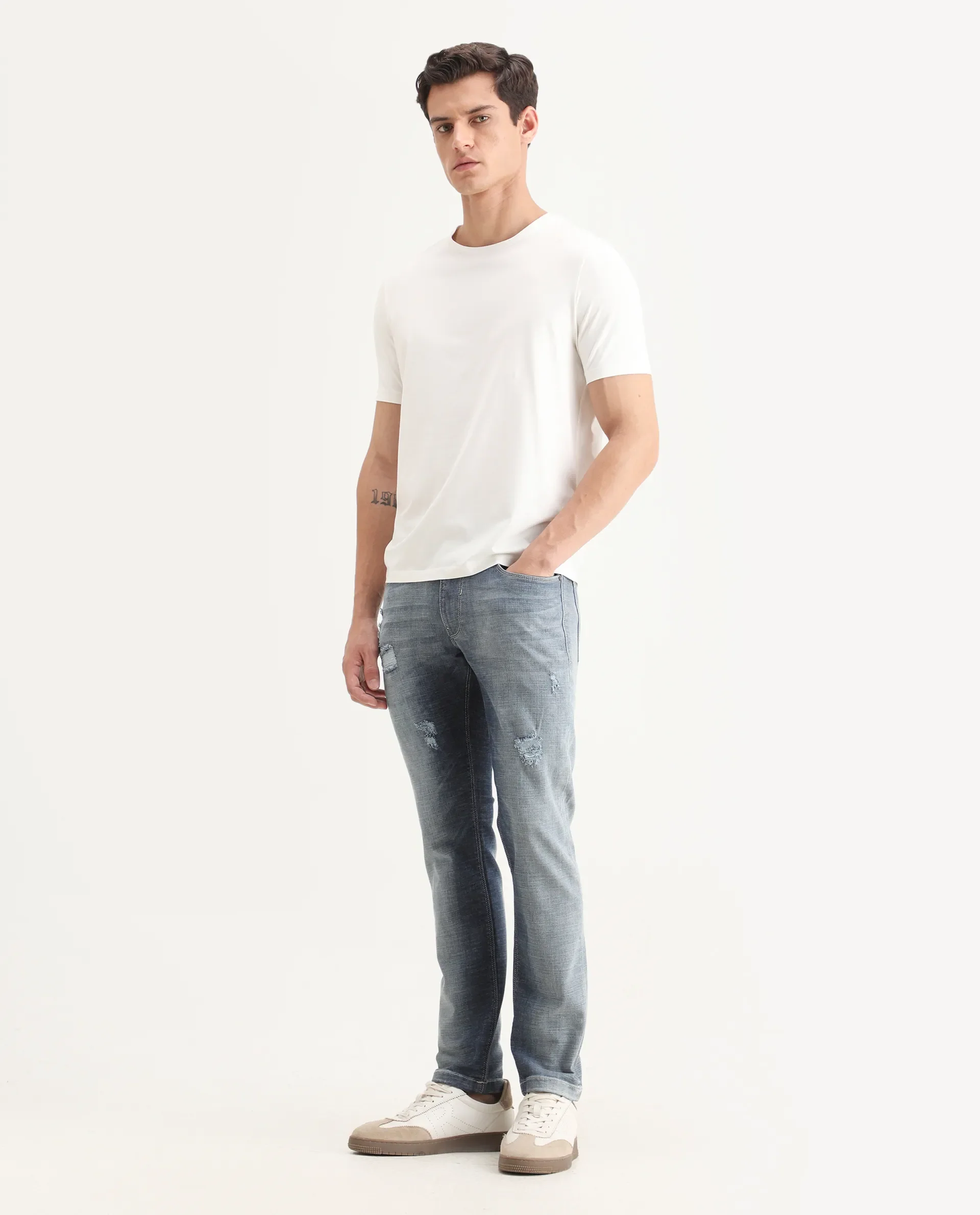 Rare Rabbit Men's Arten Light Blue Cotton Plain Hawk Slim Fit Jeans - Image 5