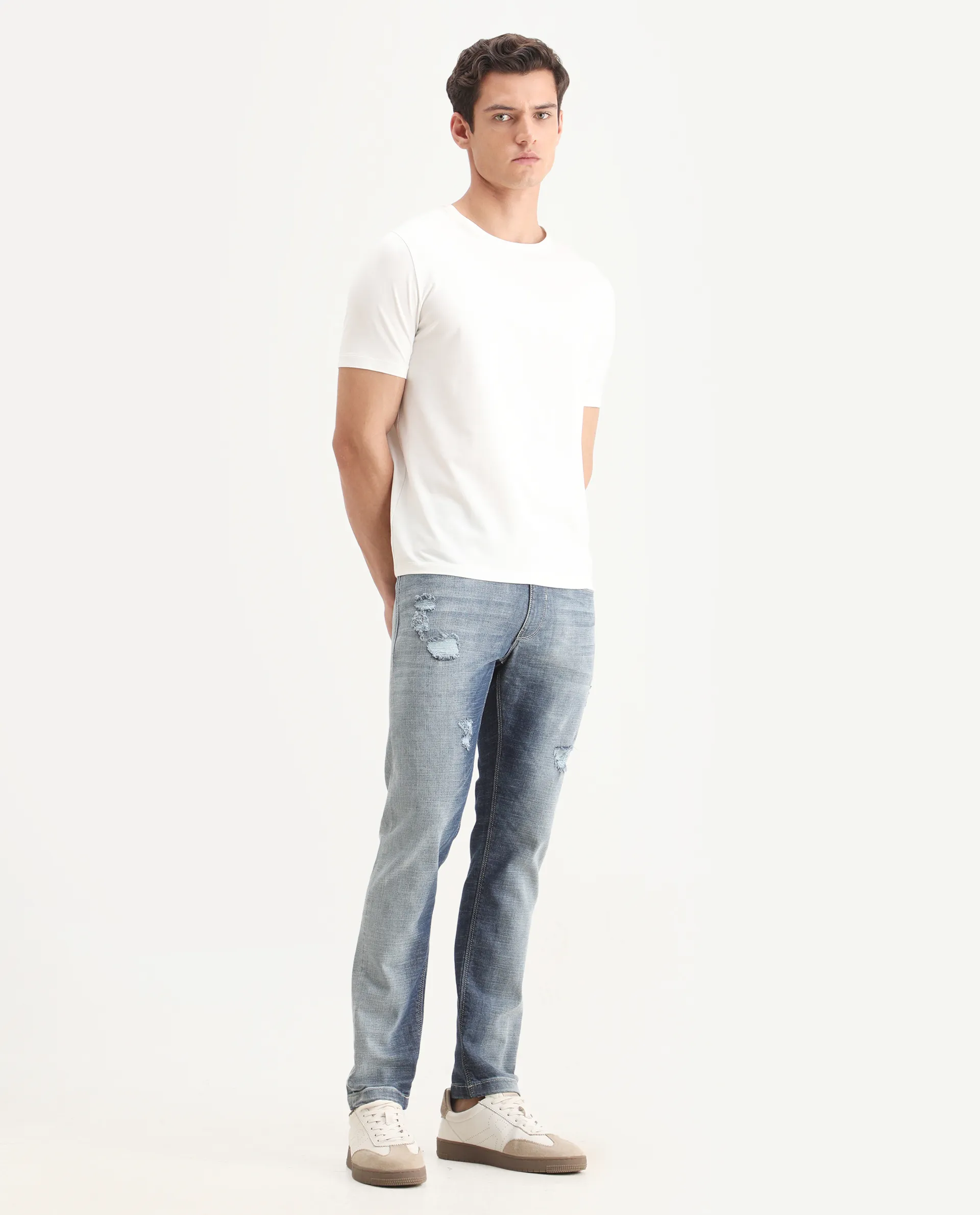 Rare Rabbit Men's Arten Light Blue Cotton Plain Hawk Slim Fit Jeans - Image 7