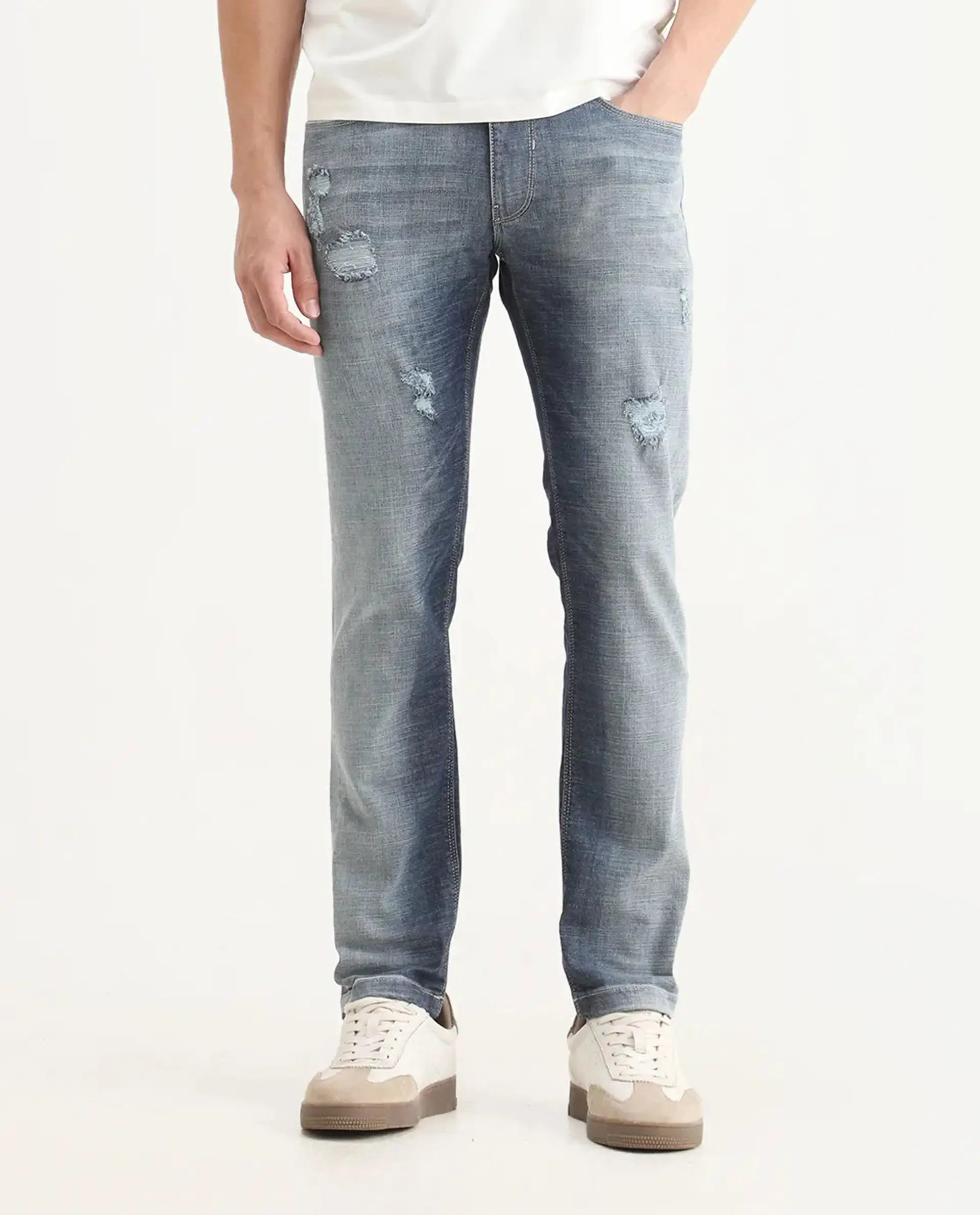 Rare Rabbit Men's Arten Light Blue Cotton Plain Hawk Slim Fit Jeans - Image 9