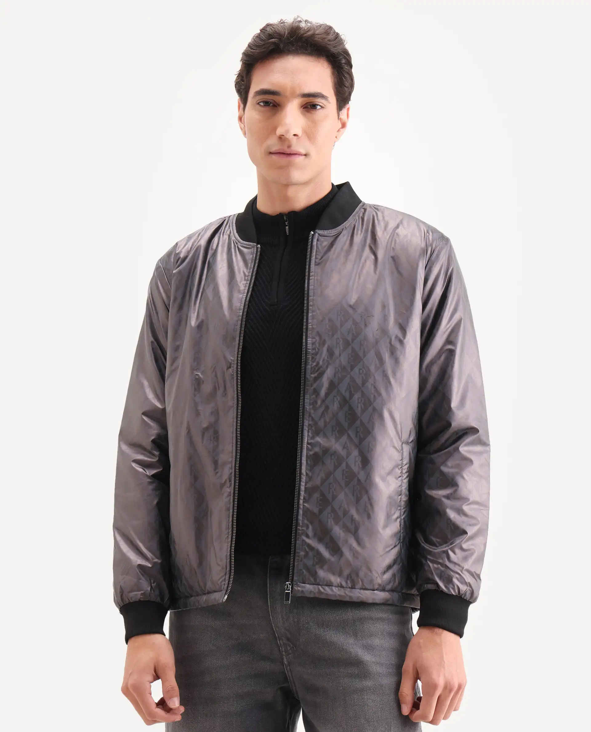Rare Rabbit Men's Arteo Navy Polyester Printed Regular Fit Full Sleeve Ribbed Collar Jacket - Image 3