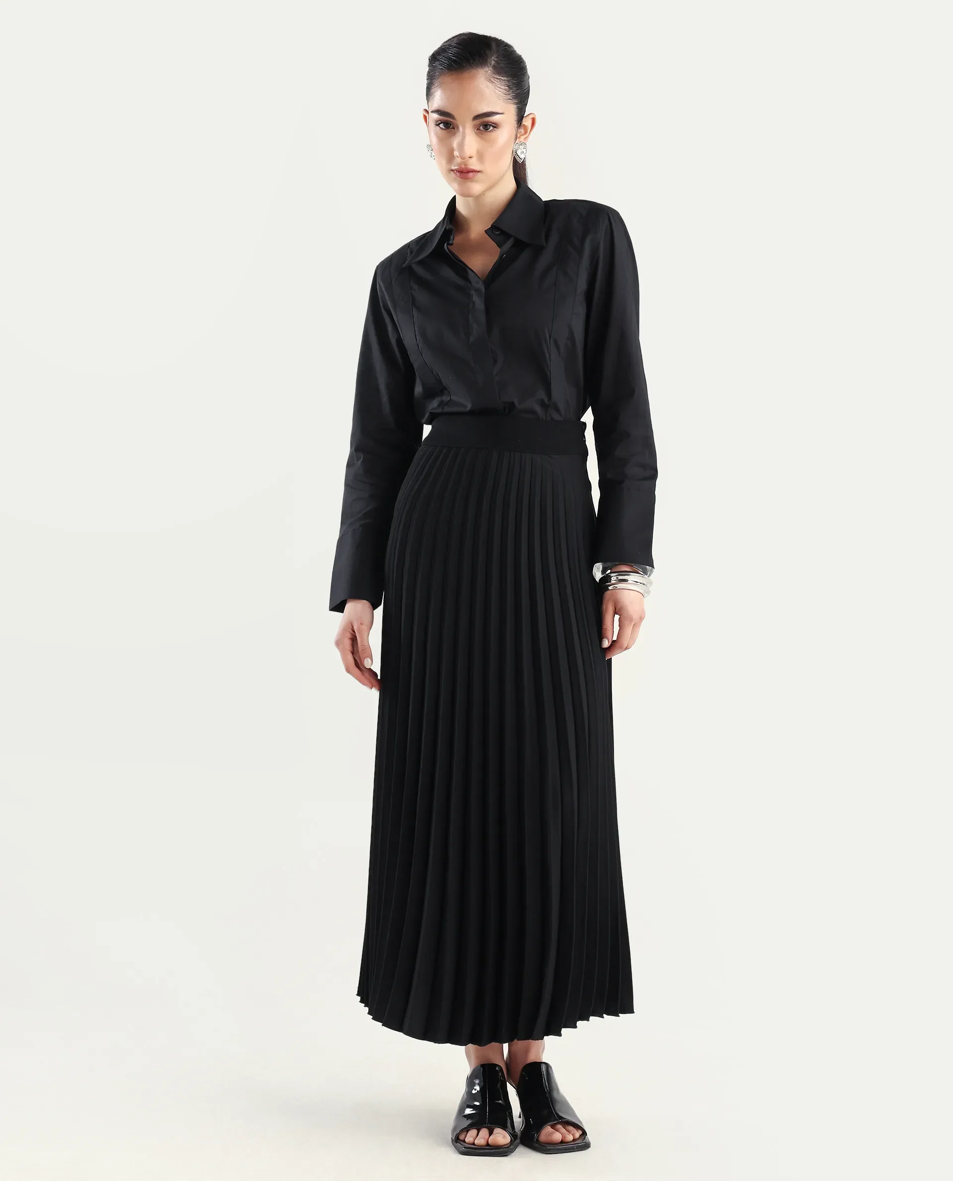 Rareism Women's Arthur Black Cotton Drop Collar Plain Cuffed Sleeve Regular Fit Shirt - Image 2