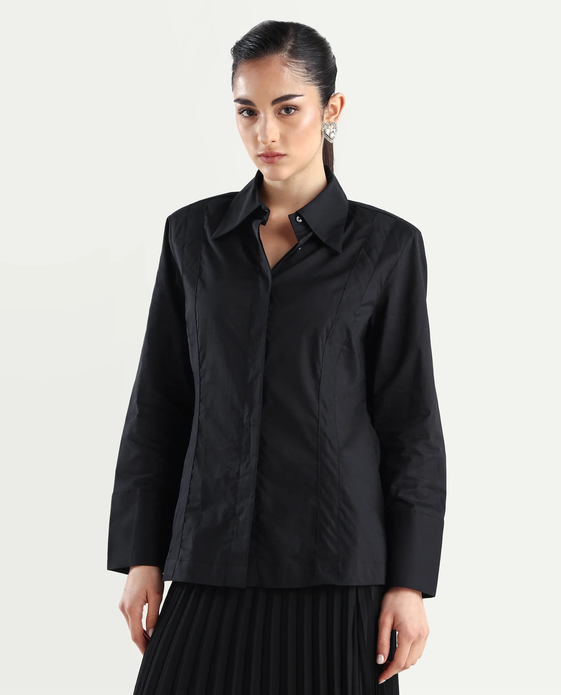 Rareism Women's Arthur Black Cotton Drop Collar Plain Cuffed Sleeve Regular Fit Shirt - Image 3