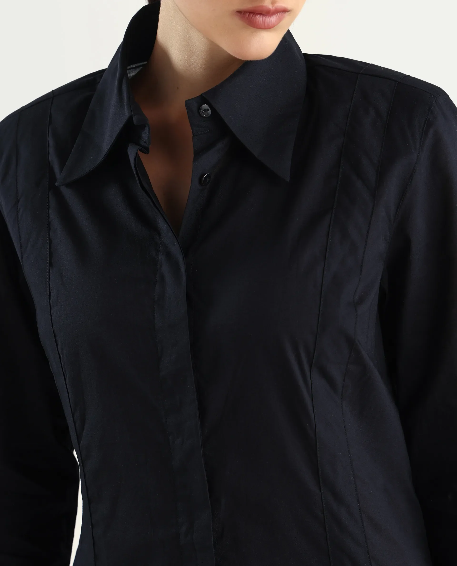 Rareism Women's Arthur Black Cotton Drop Collar Plain Cuffed Sleeve Regular Fit Shirt - Image 4