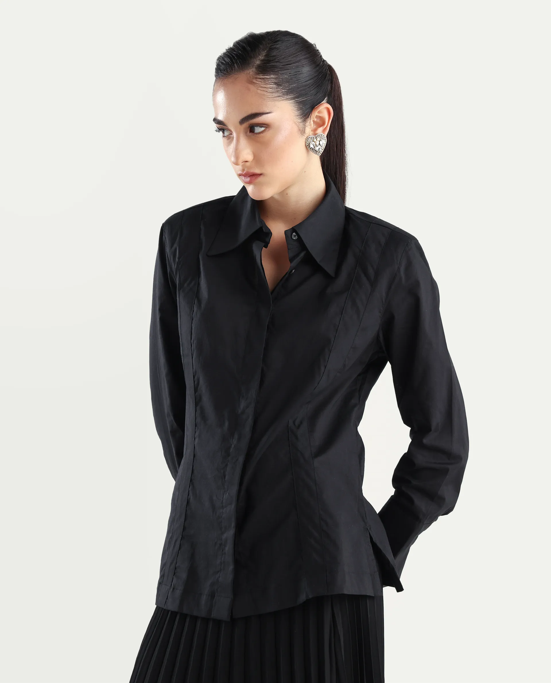 Rareism Women's Arthur Black Cotton Drop Collar Plain Cuffed Sleeve Regular Fit Shirt - Image 6