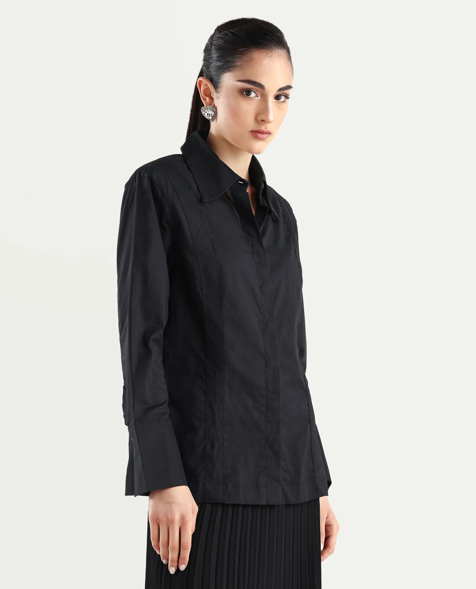 Rareism Women's Arthur Black Cotton Drop Collar Plain Cuffed Sleeve Regular Fit Shirt - Image 7