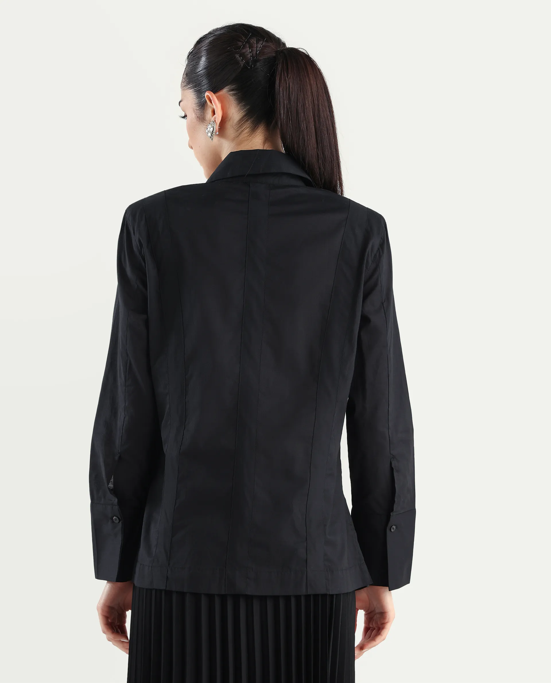 Rareism Women's Arthur Black Cotton Drop Collar Plain Cuffed Sleeve Regular Fit Shirt - Image 8
