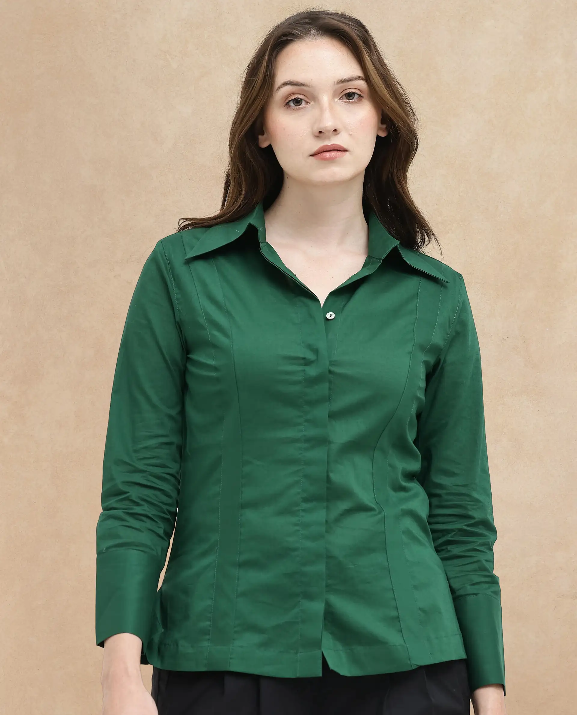 Rareism Women's Arthur Dark Green Cotton Drop Collar Plain Cuffed Sleeve Regular Fit Shirt - Image 3