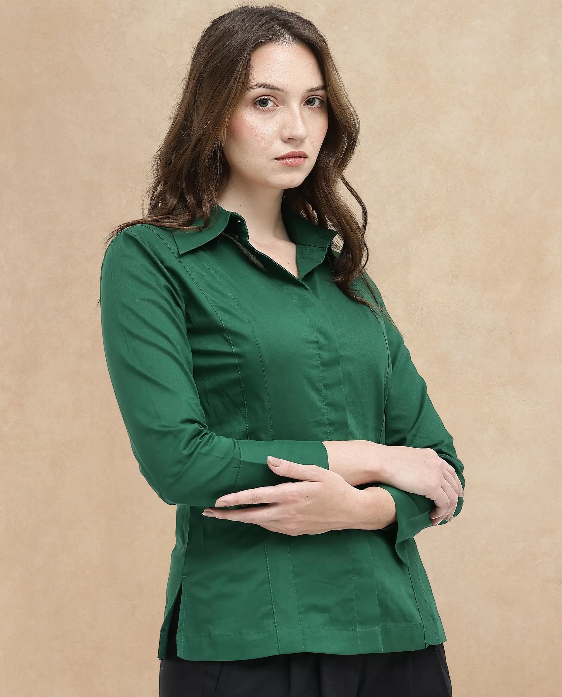 Rareism Women's Arthur Dark Green Cotton Drop Collar Plain Cuffed Sleeve Regular Fit Shirt - Image 4