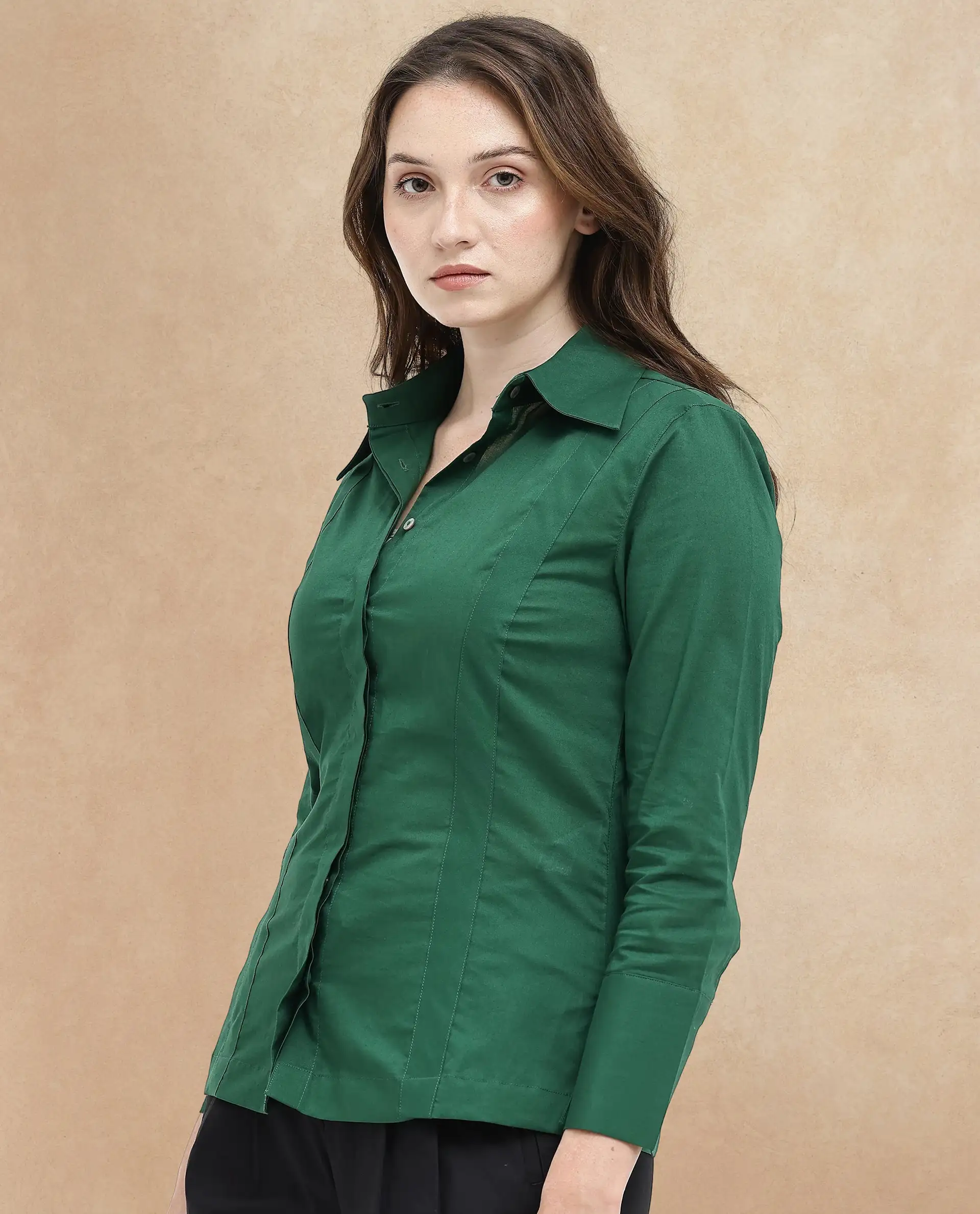 Rareism Women's Arthur Dark Green Cotton Drop Collar Plain Cuffed Sleeve Regular Fit Shirt - Image 5