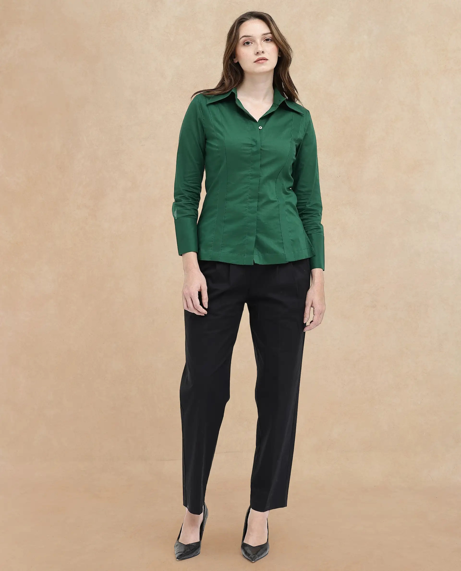 Rareism Women's Arthur Dark Green Cotton Drop Collar Plain Cuffed Sleeve Regular Fit Shirt - Image 6