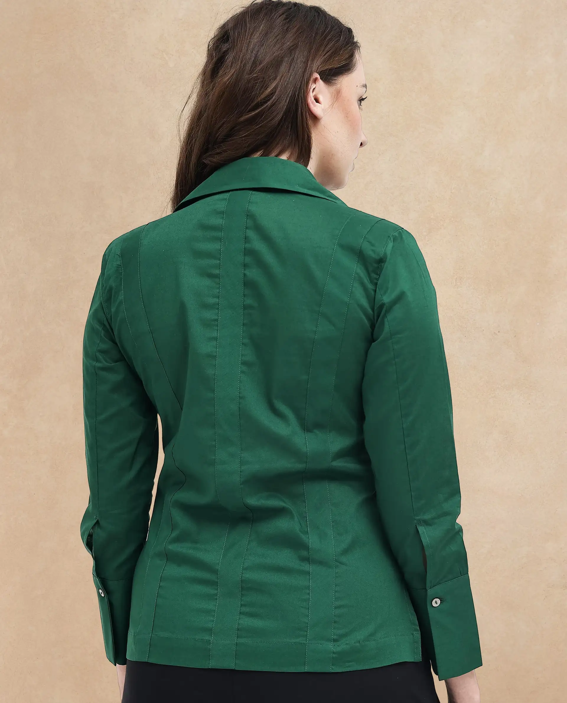 Rareism Women's Arthur Dark Green Cotton Drop Collar Plain Cuffed Sleeve Regular Fit Shirt - Image 7
