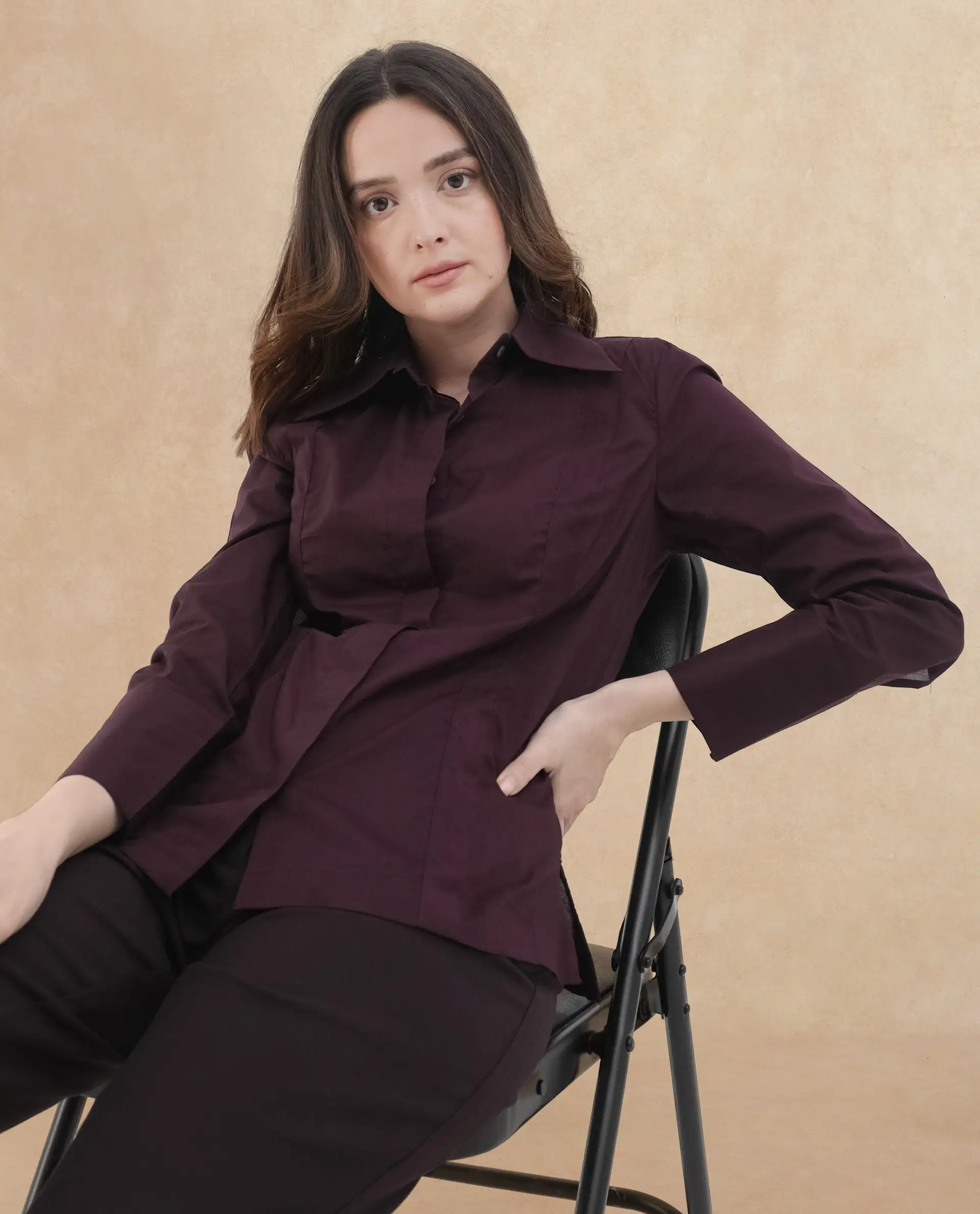 Rareism Women's Arthur Dark Purple Cotton Drop Collar Plain Cuffed Sleeve Regular Fit Shirt - Image 2