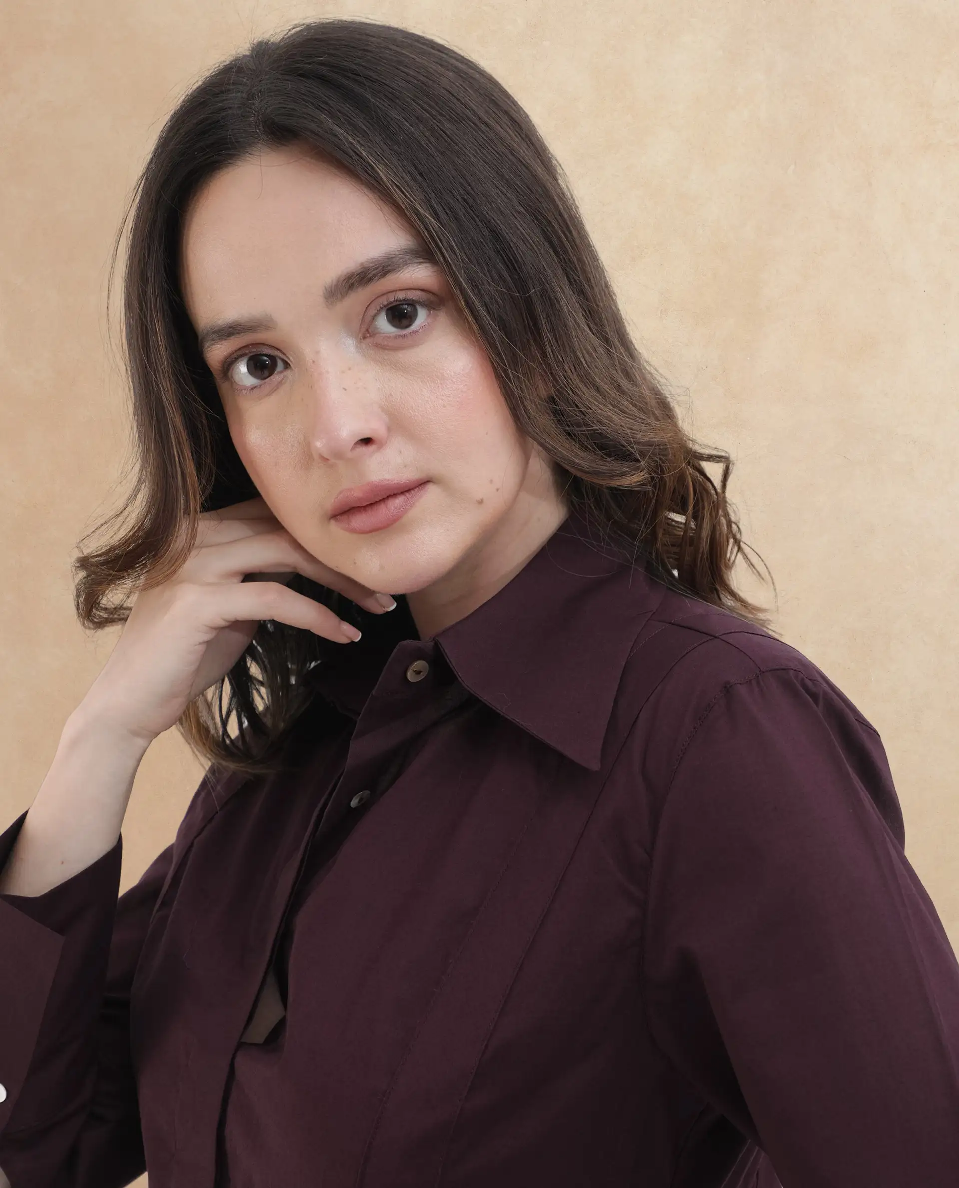 Rareism Women's Arthur Dark Purple Cotton Drop Collar Plain Cuffed Sleeve Regular Fit Shirt - Image 3