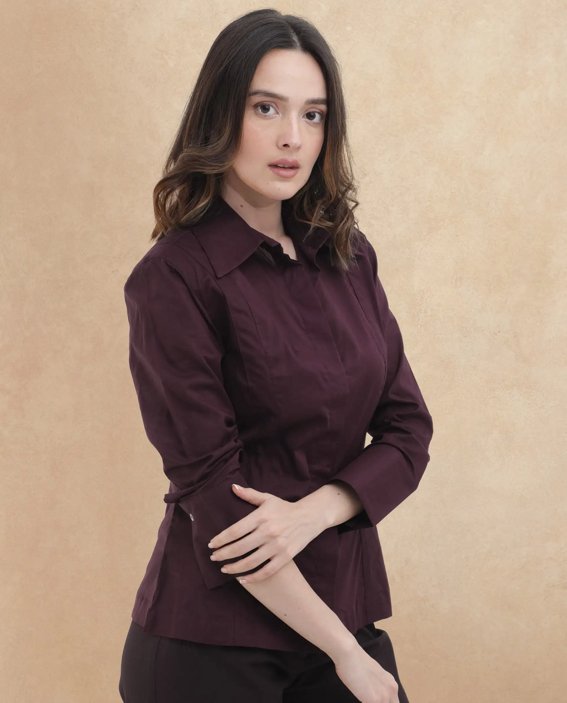 Rareism Women's Arthur Dark Purple Cotton Drop Collar Plain Cuffed Sleeve Regular Fit Shirt - Image 4