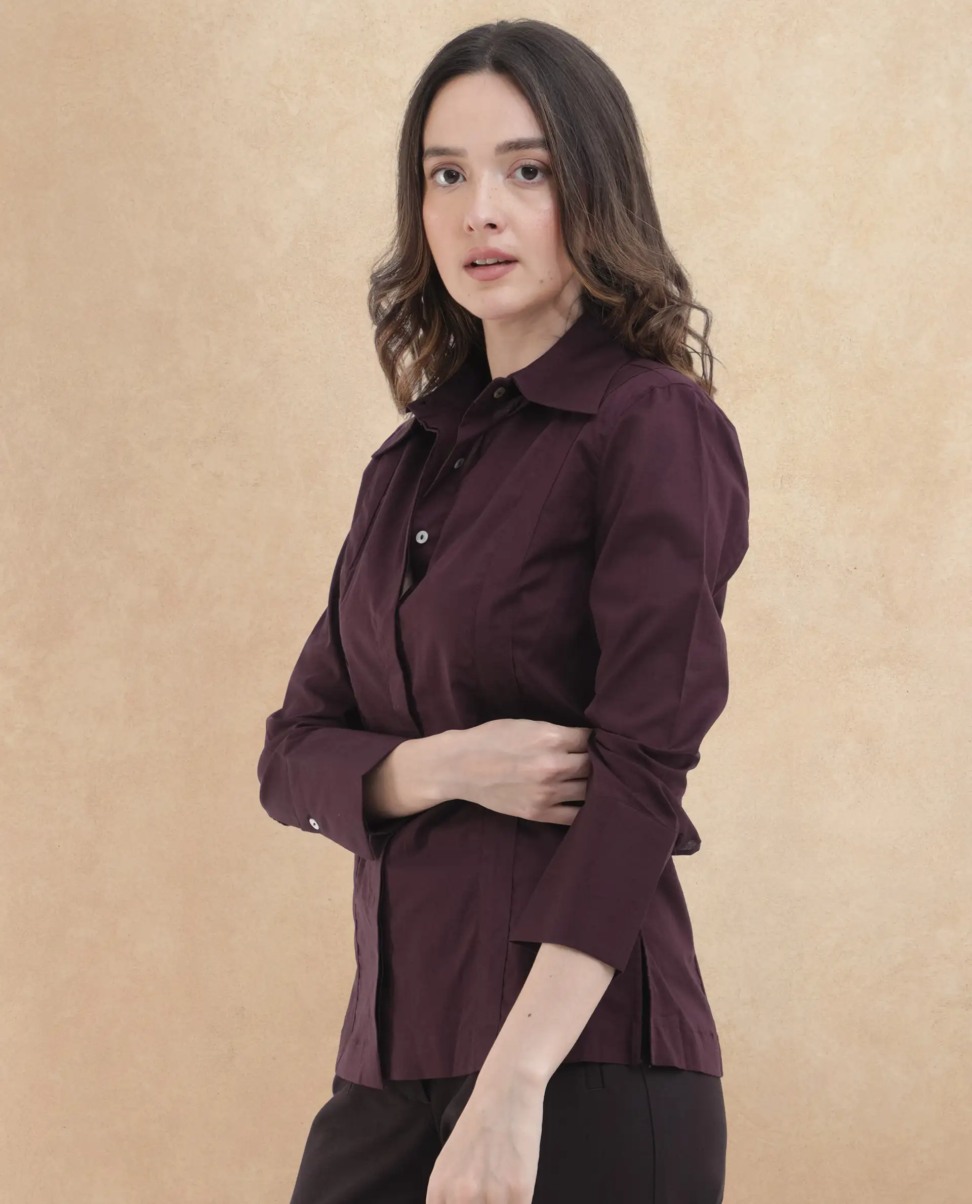 Rareism Women's Arthur Dark Purple Cotton Drop Collar Plain Cuffed Sleeve Regular Fit Shirt - Image 5