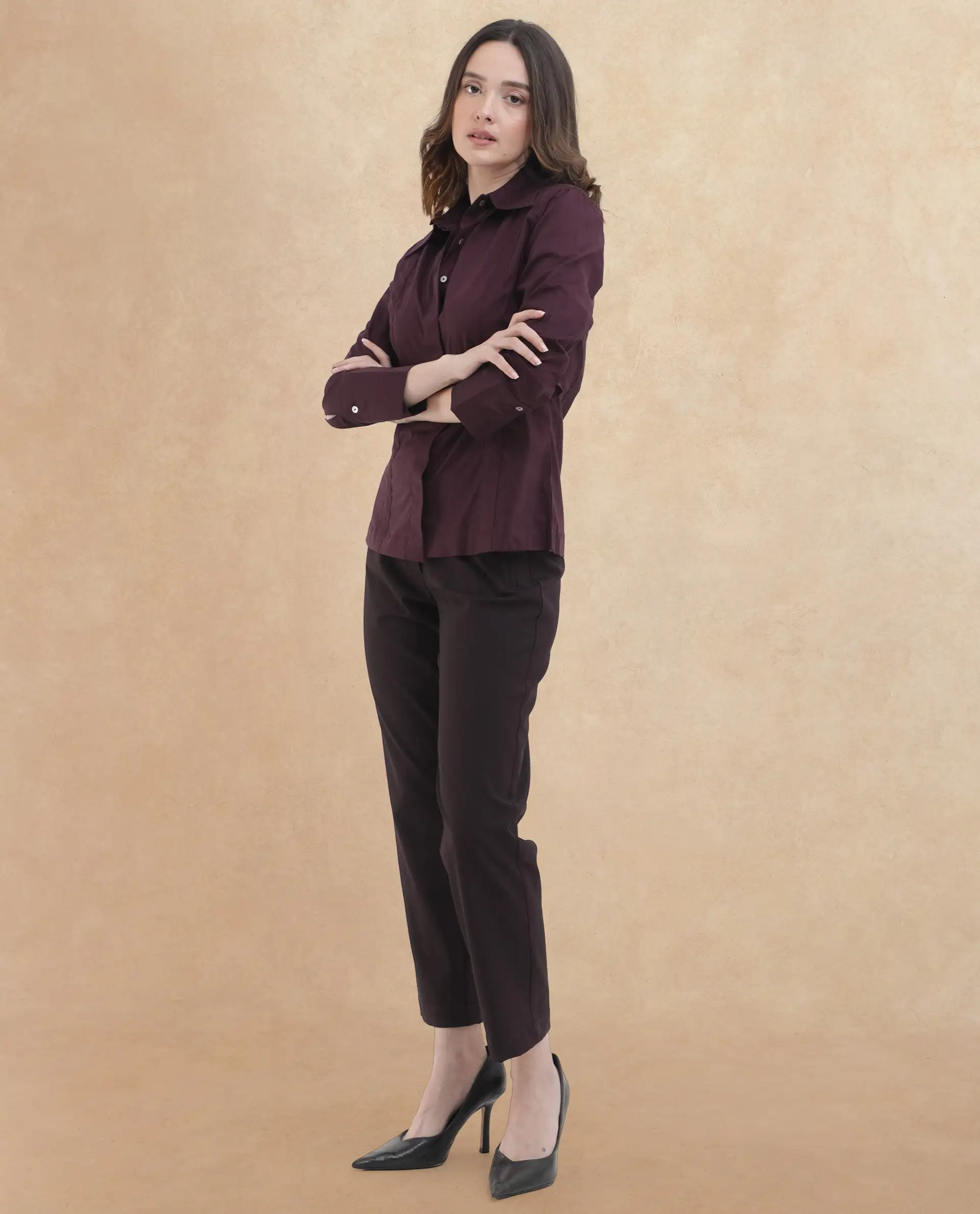 Rareism Women's Arthur Dark Purple Cotton Drop Collar Plain Cuffed Sleeve Regular Fit Shirt - Image 6