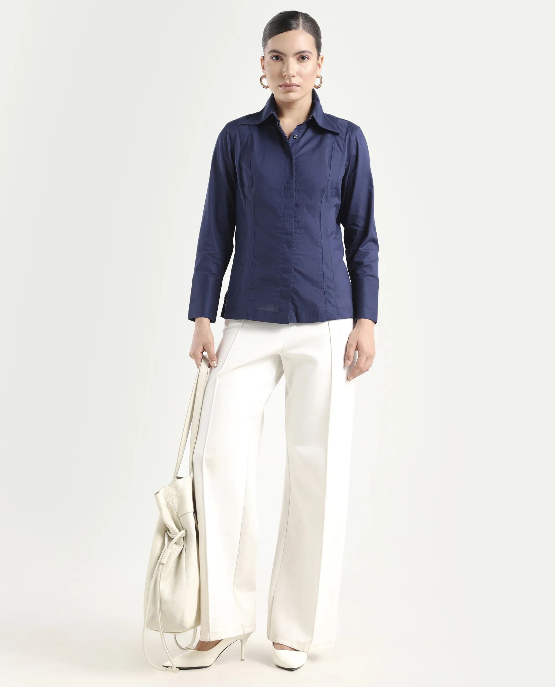 Rareism Women's Arthur Navy Cotton Drop Collar Plain Cuffed Sleeve Regular Fit Shirt - Image 2